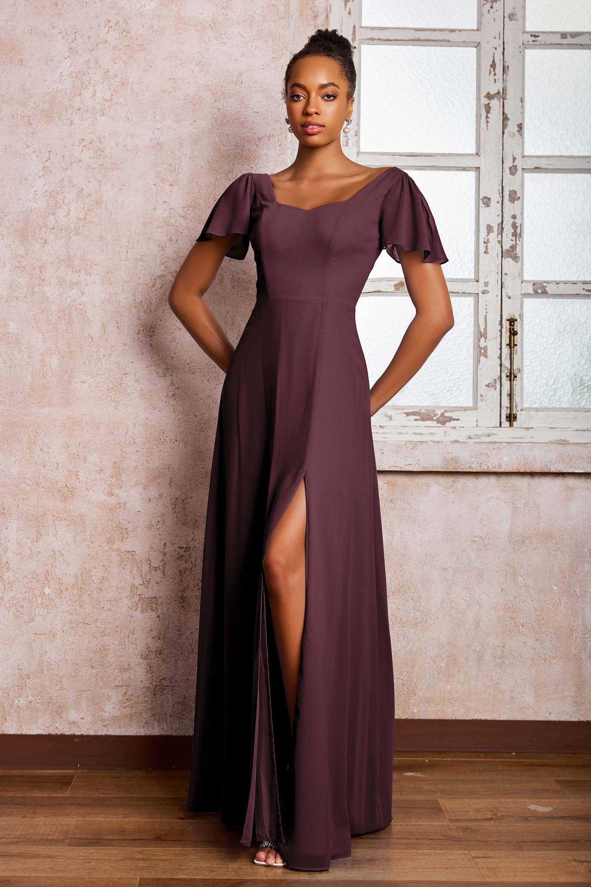 Duntery Flutter Sleeves Chiffon Floor-Length Dresses With Slit, Sunset Duntery Flutter Sleeves Chiffon Floor-Length Dresses With Slit, Sunset