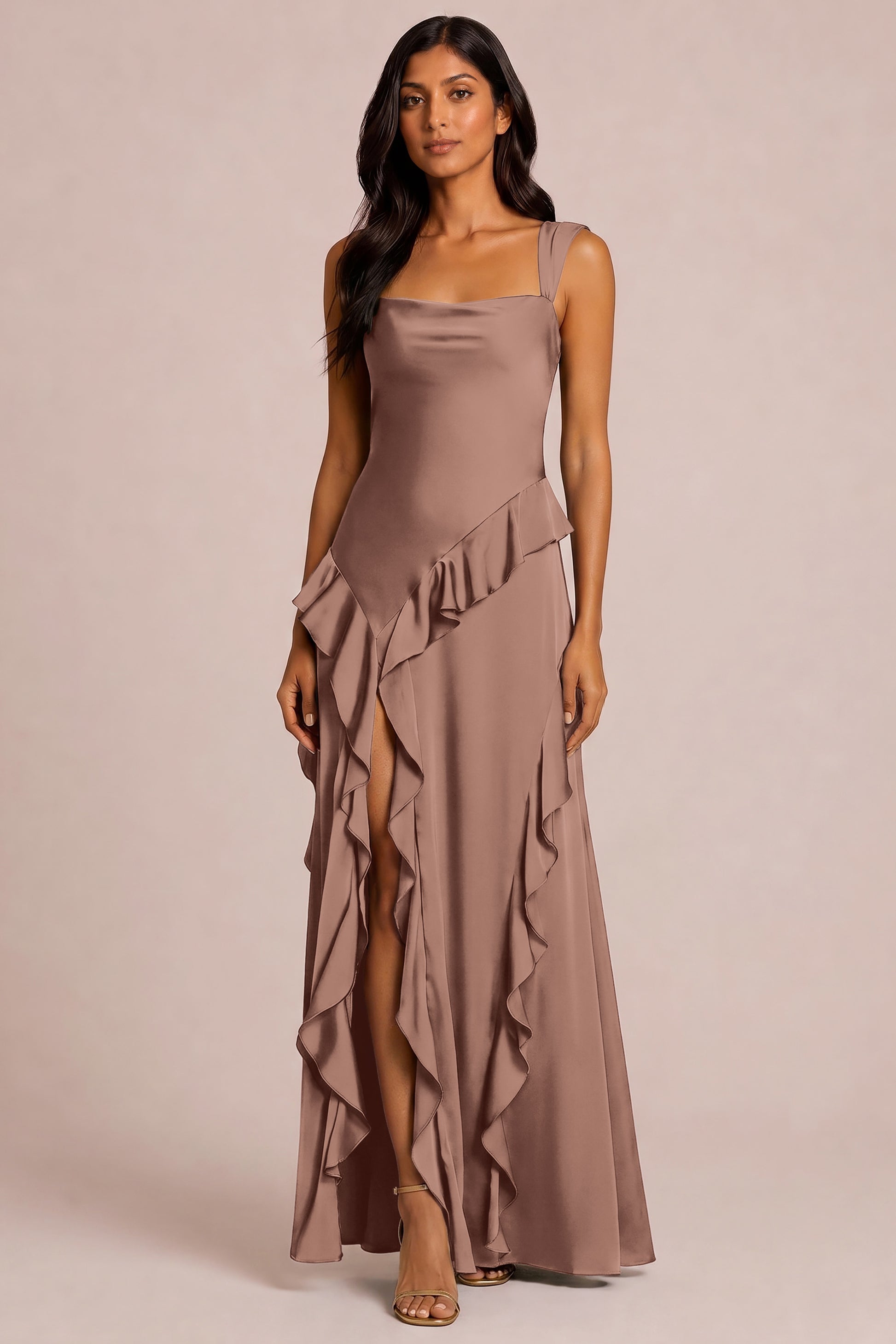 Matte Satin Ruffle Bridesmaid Dress