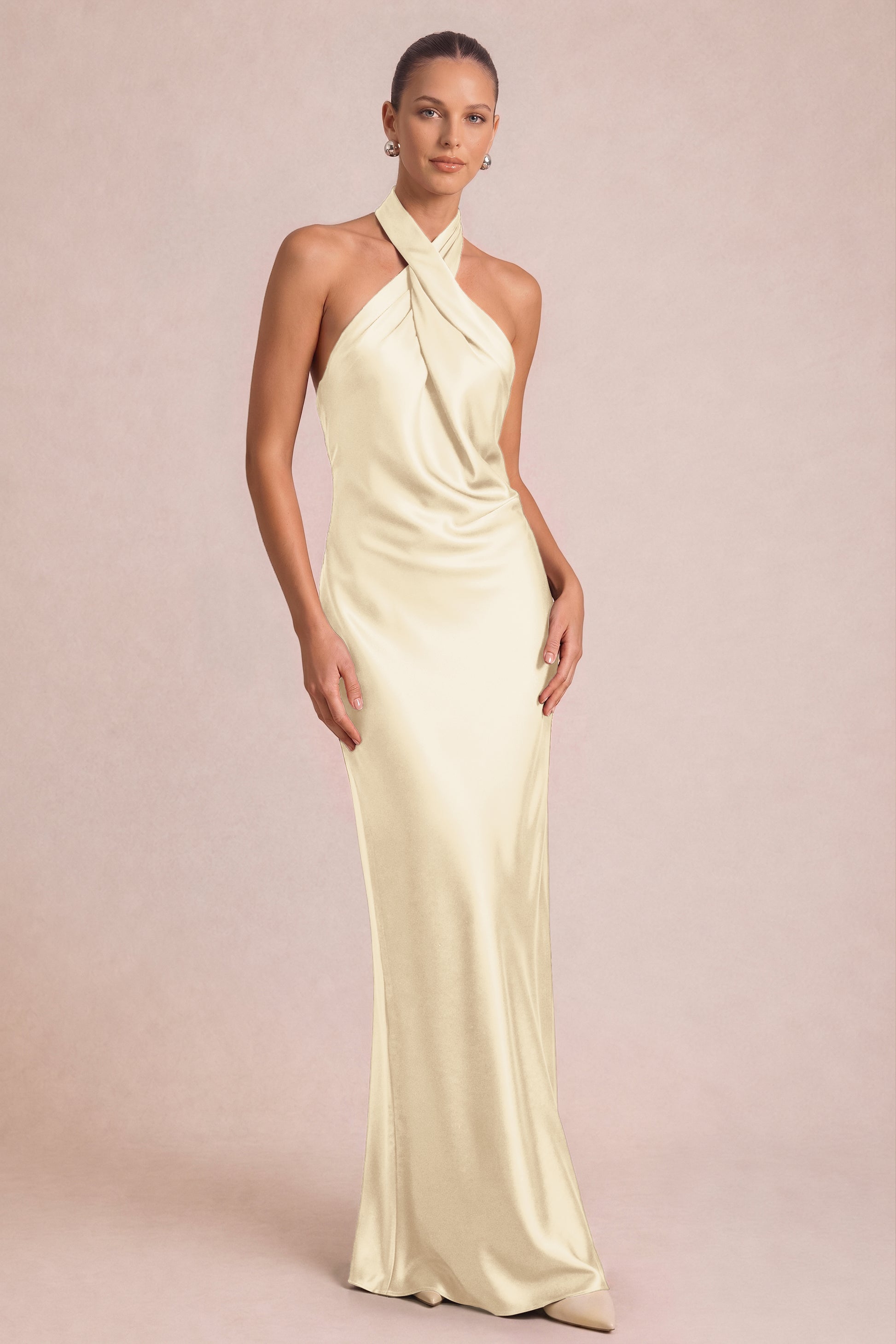 Shiny Satin Halter Neck Dress