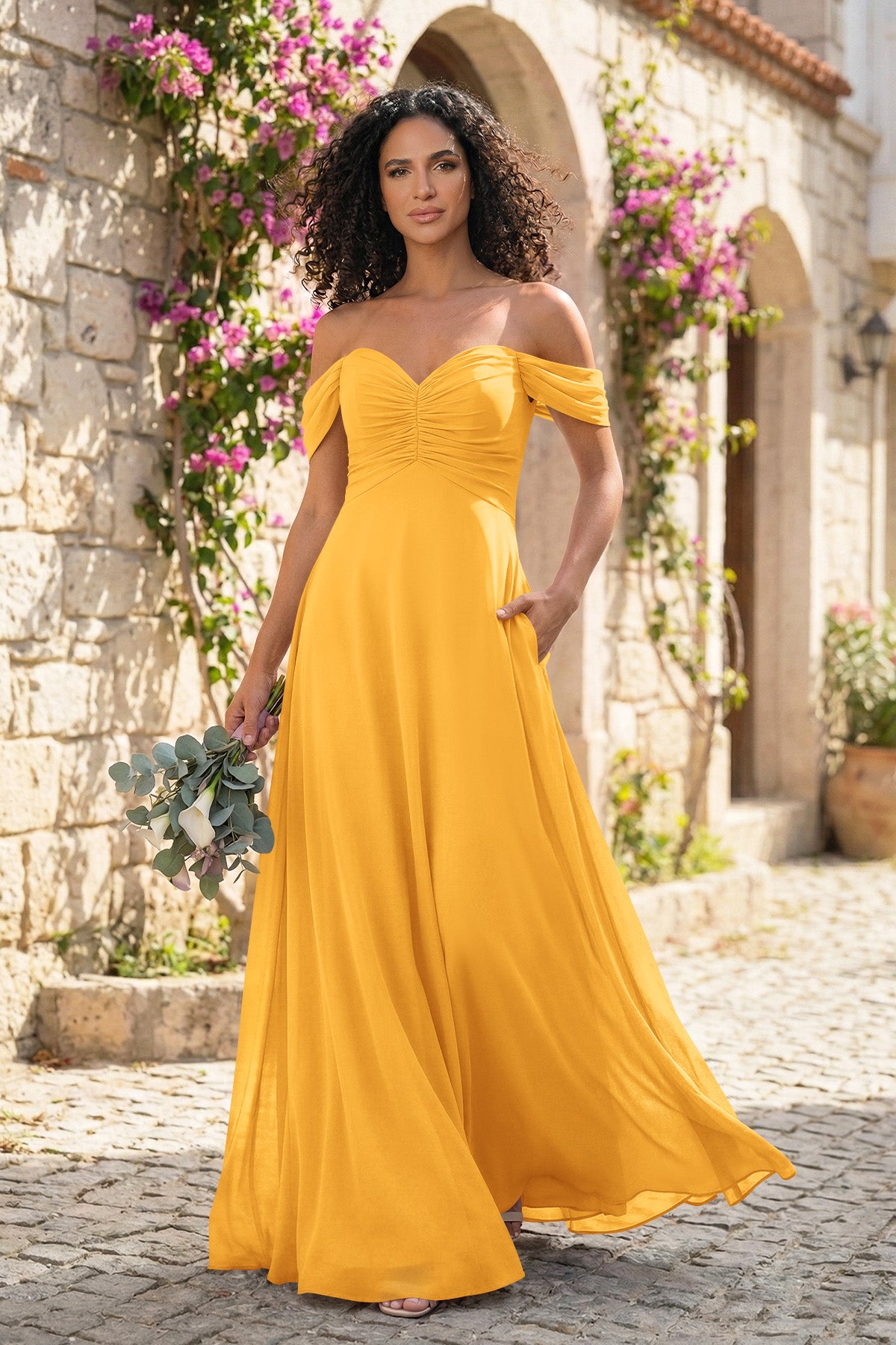 Off-the-Shoulder Chiffon Bridesmaid Dress