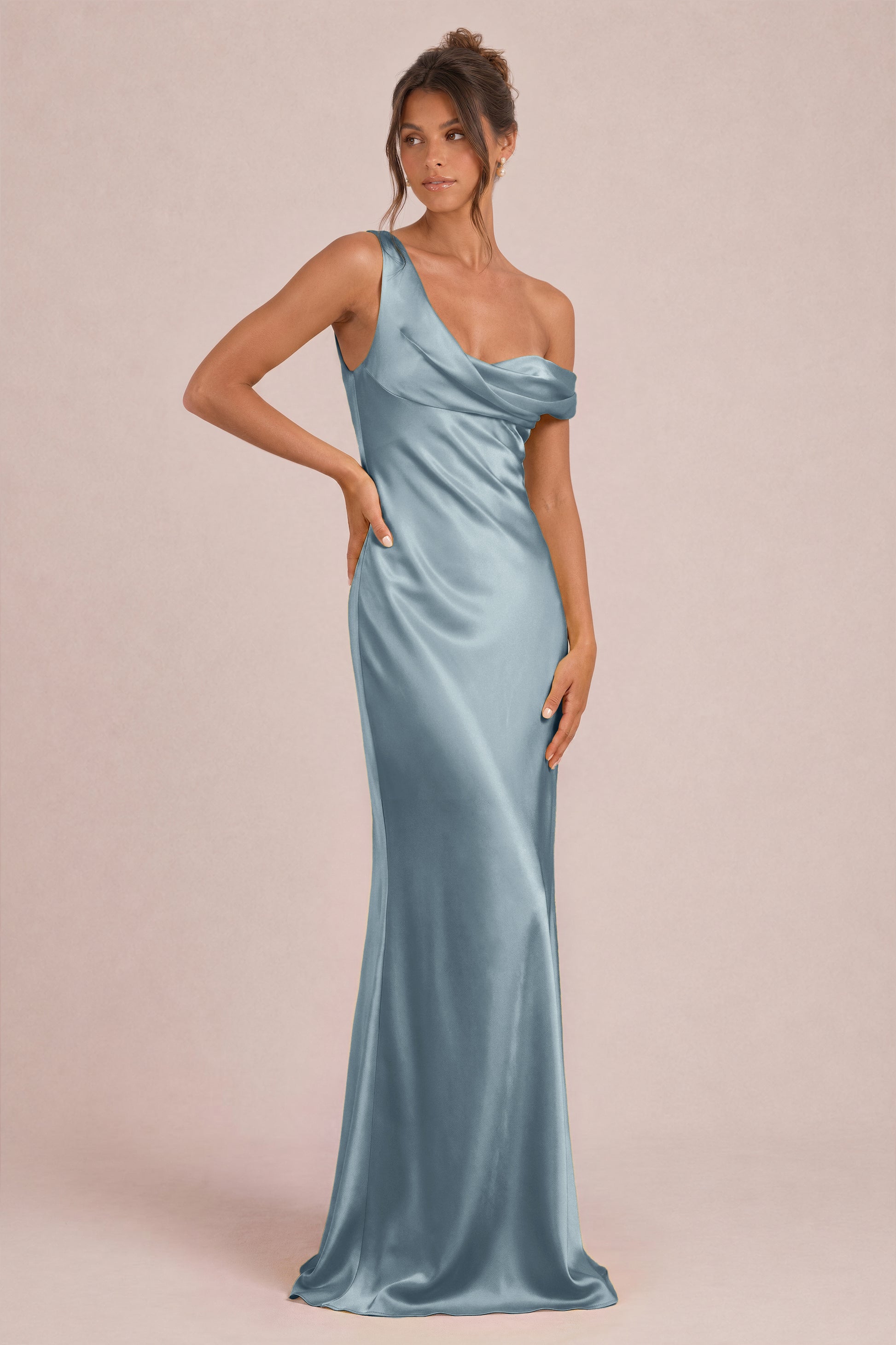 One Shoulder Satin Shiny Maxi Dress
