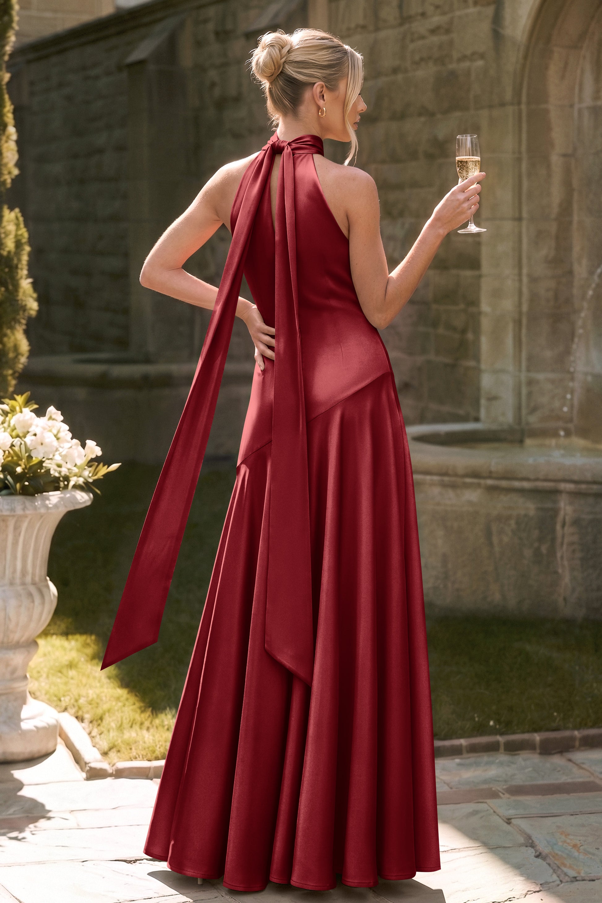 Halter Acetate Satin Bridesmaid Dress