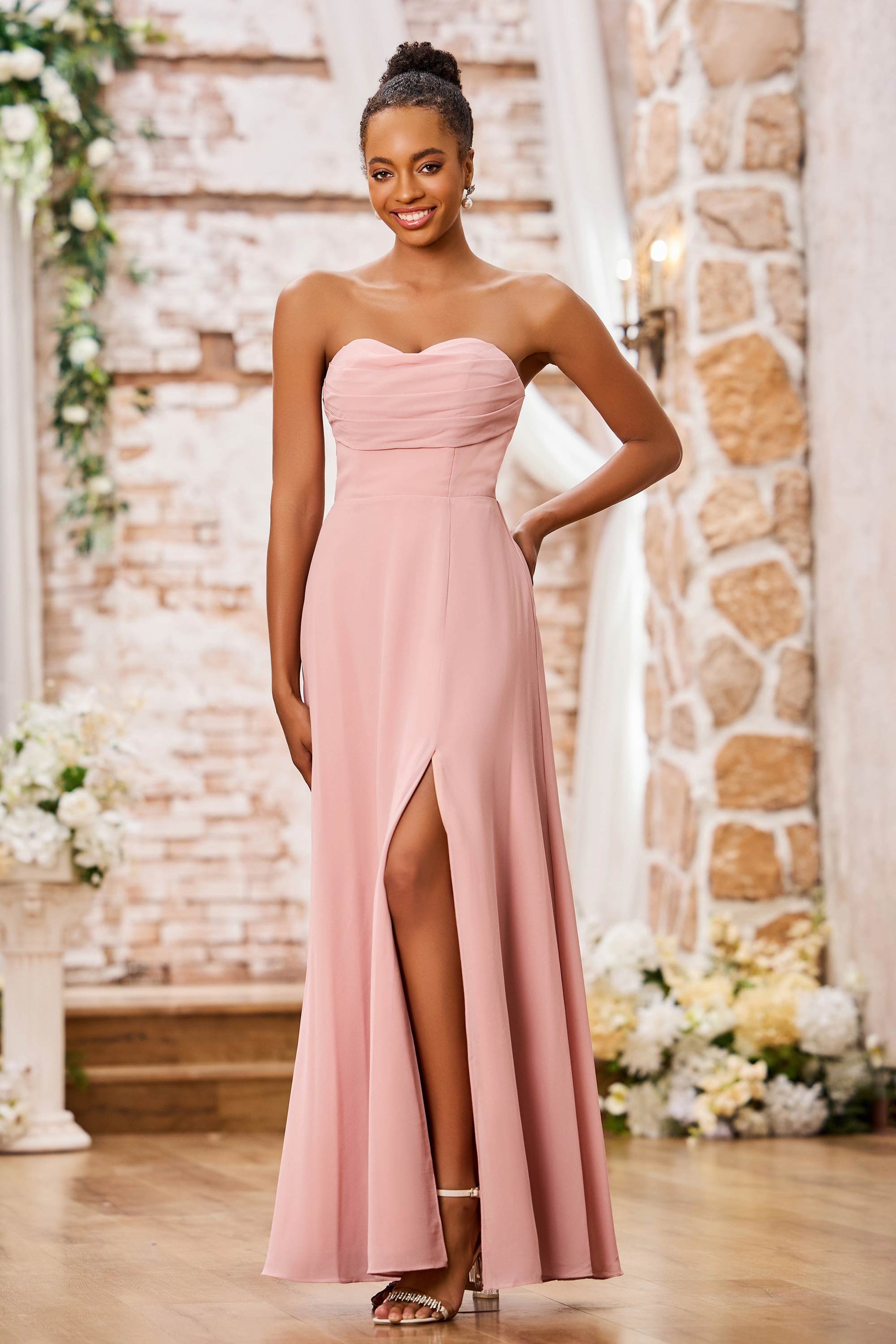 Strapless Pleated Chiffon Floor-Length Dresses With Slit – DUNTERY
