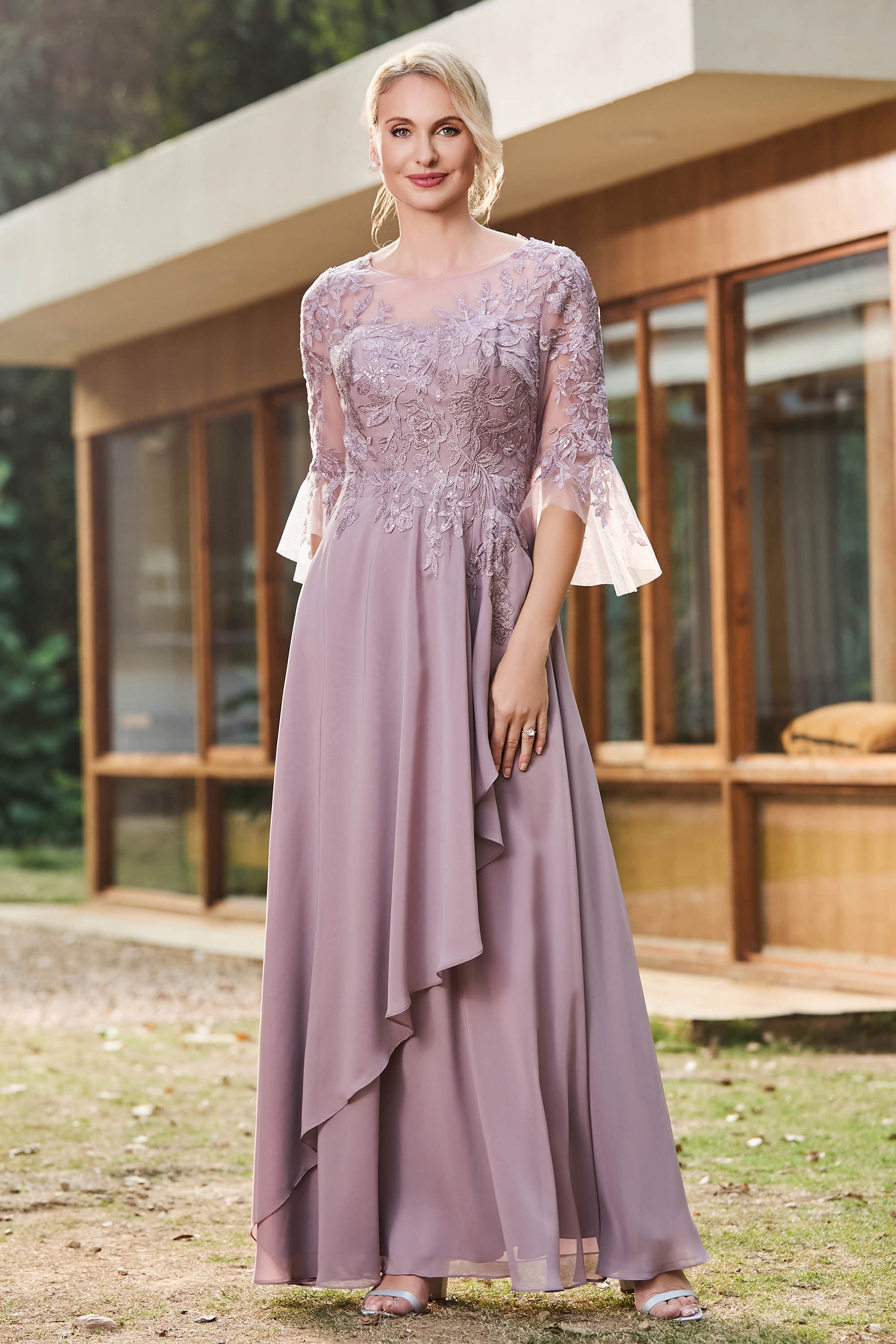 Ruffles Illusion Neck Lace Applique Chiffon Dress – DUNTERY