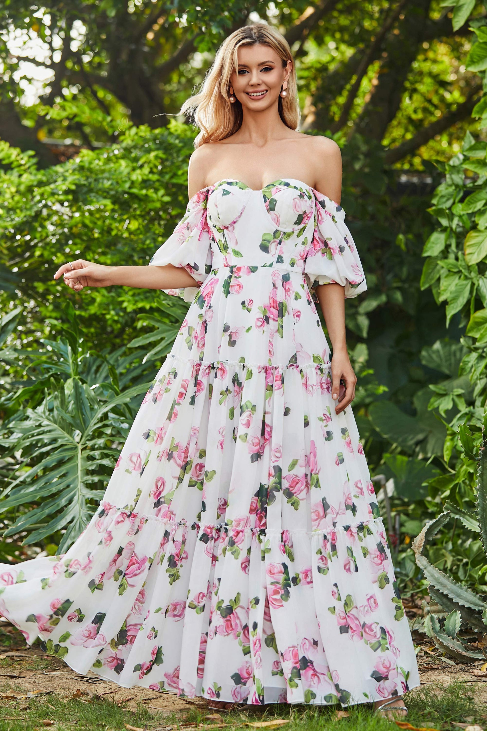 Duntery Off Shoulder Flowers Ruffled Chiffon Long Dress