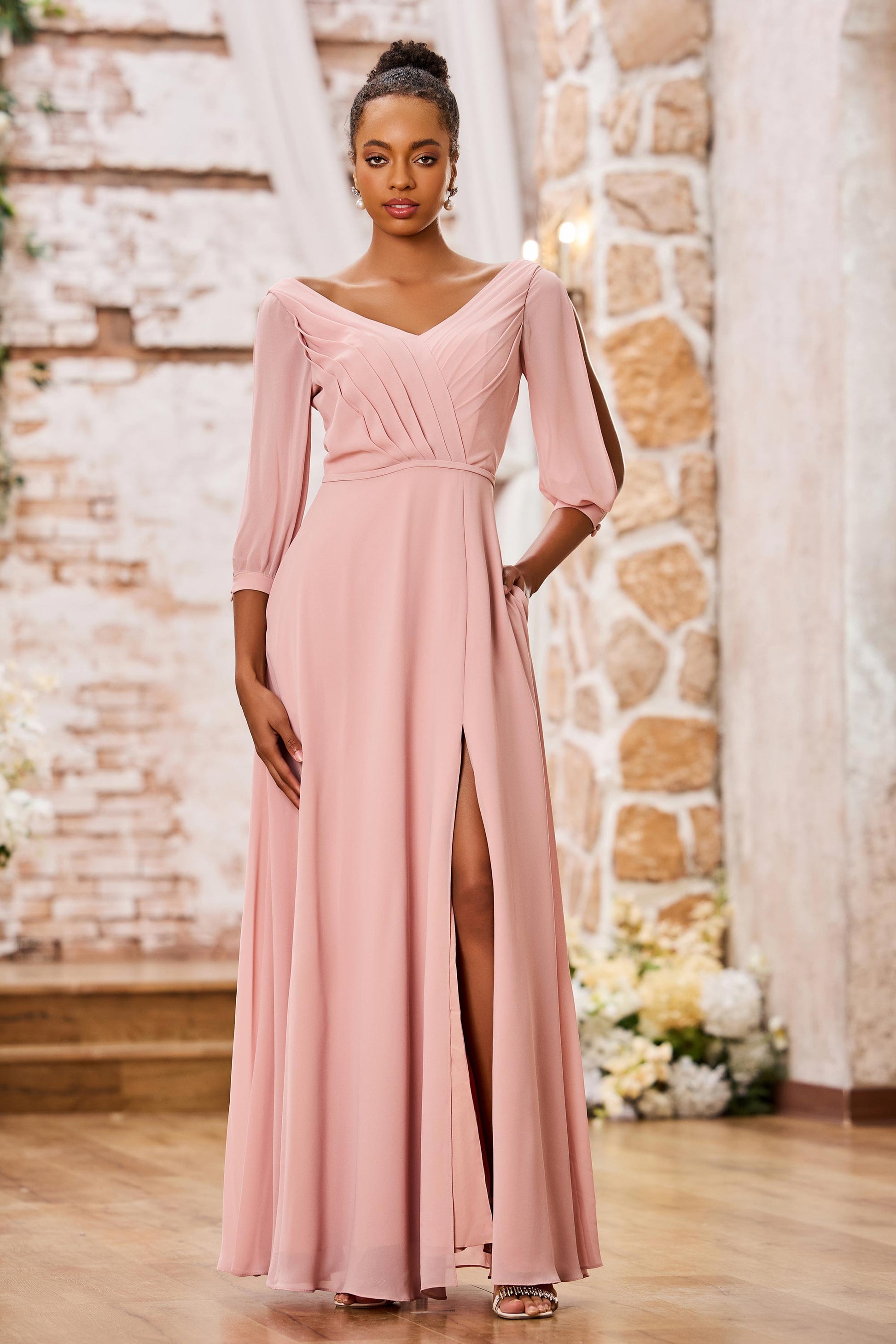 Pleated V-neck 3/4 Sleeves Chiffon Dresses With Slit – DUNTERY