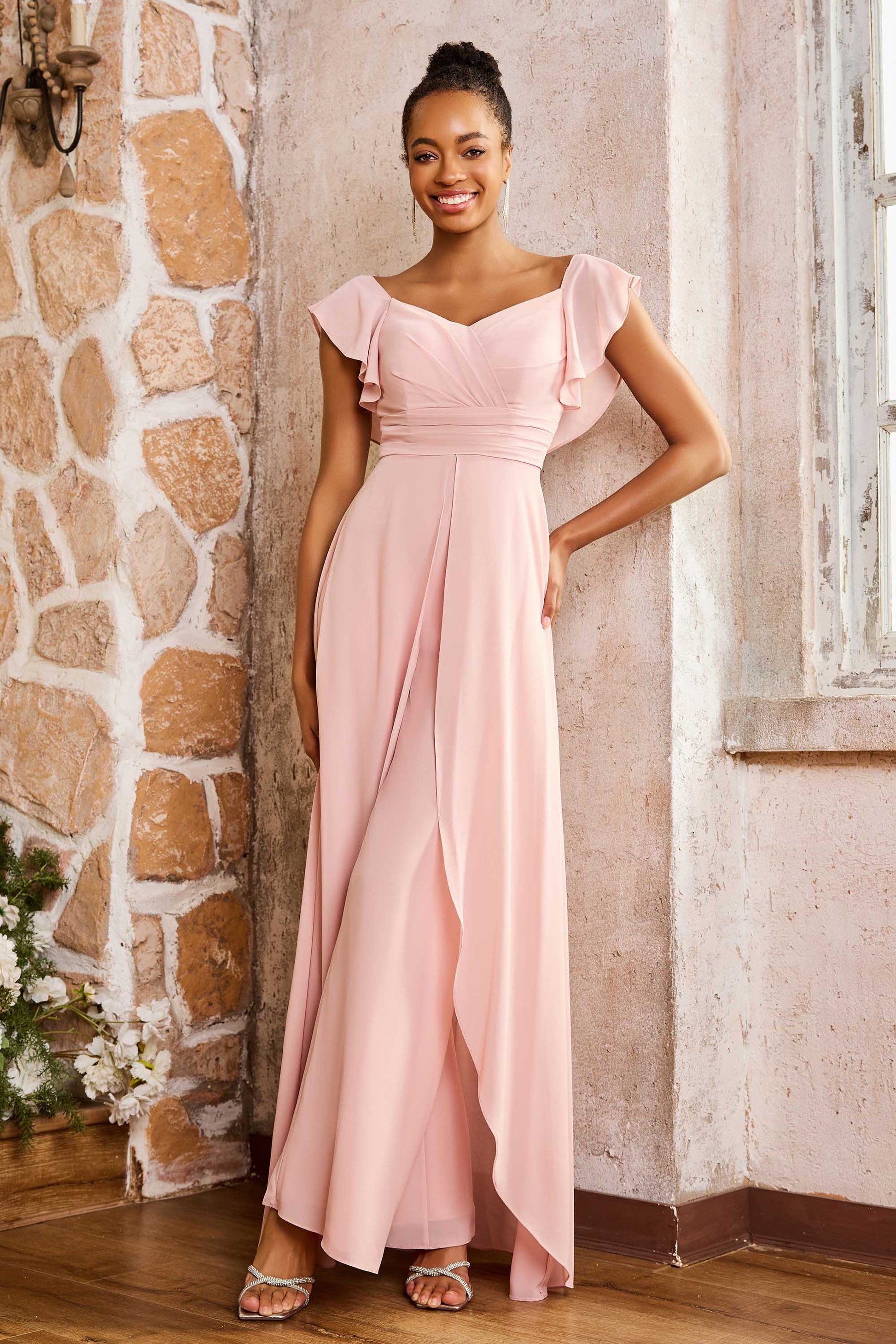 V-neck Flutter Sleeves Chiffon A-Line Jumpsuit With Skirt – DUNTERY