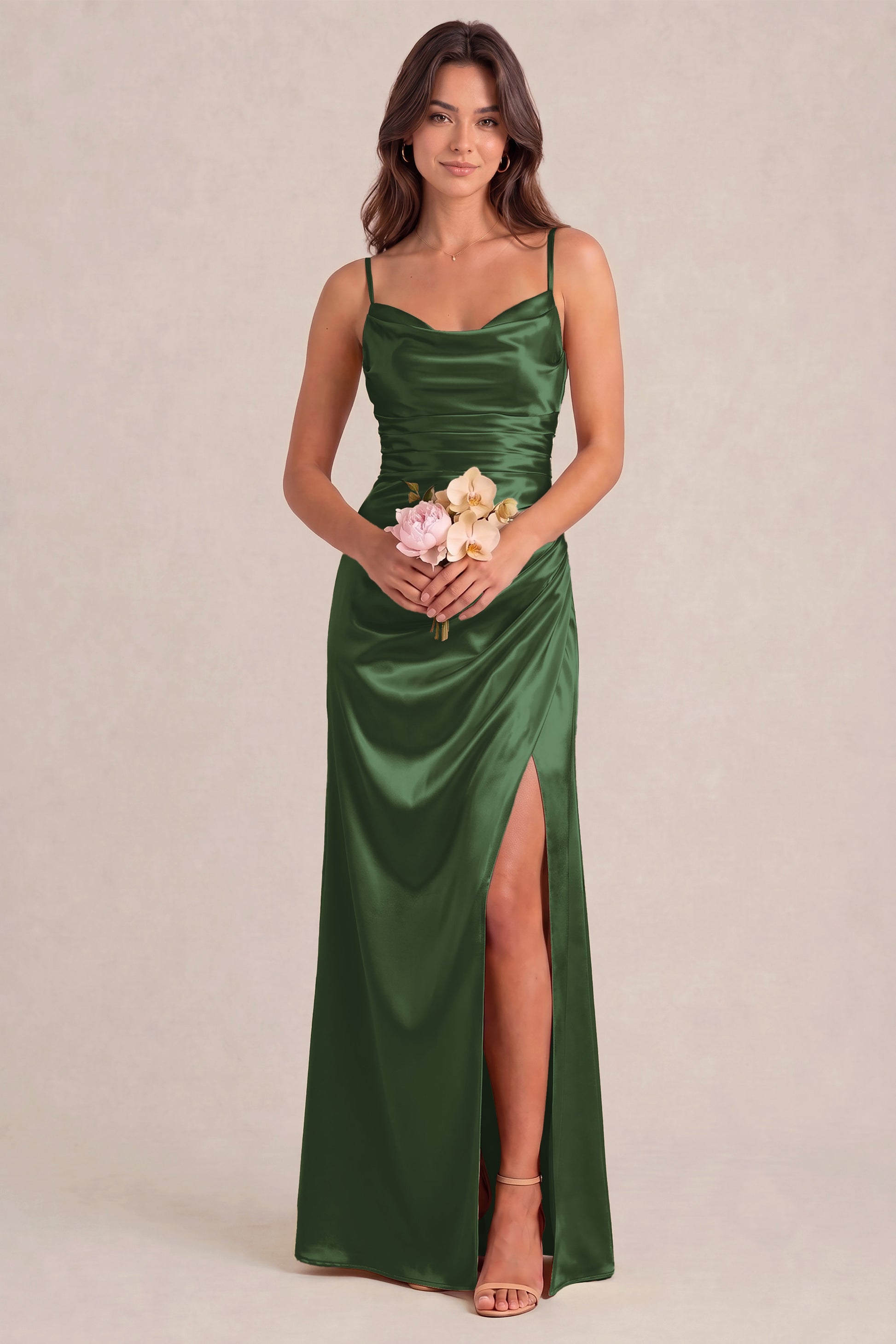 Duntery Shiny Satin Cowl Neck Maxi Dress
