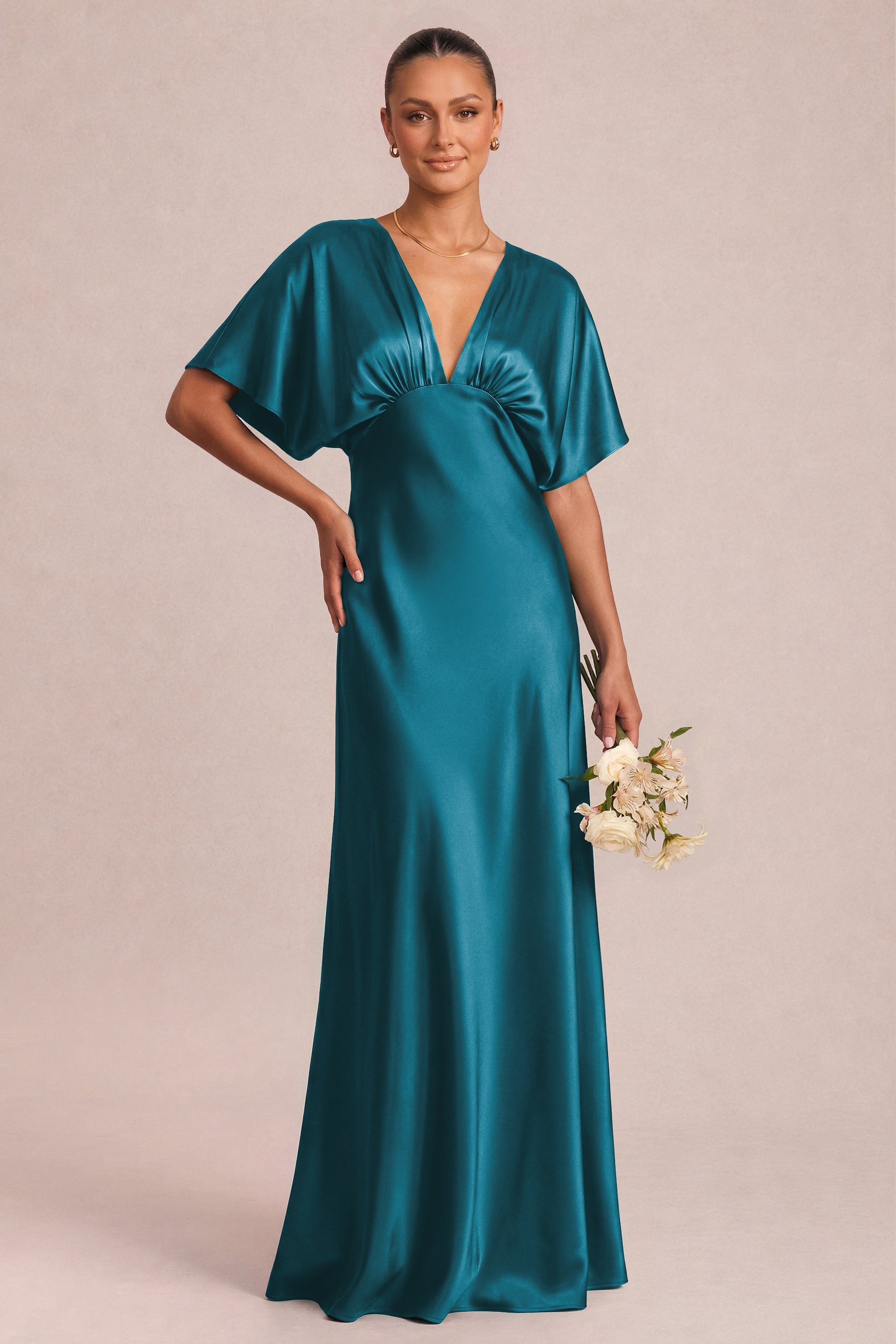 Shiny Satin V-Neck Maxi Dress