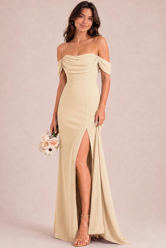 azalea bridesmaid dresses A-Line Spaghetti Straps Cowl Back Floor Length Chiffon Bridesmaid Dresses with Split and Belt line Fabric Azalea Bridesmaid Dresses Page