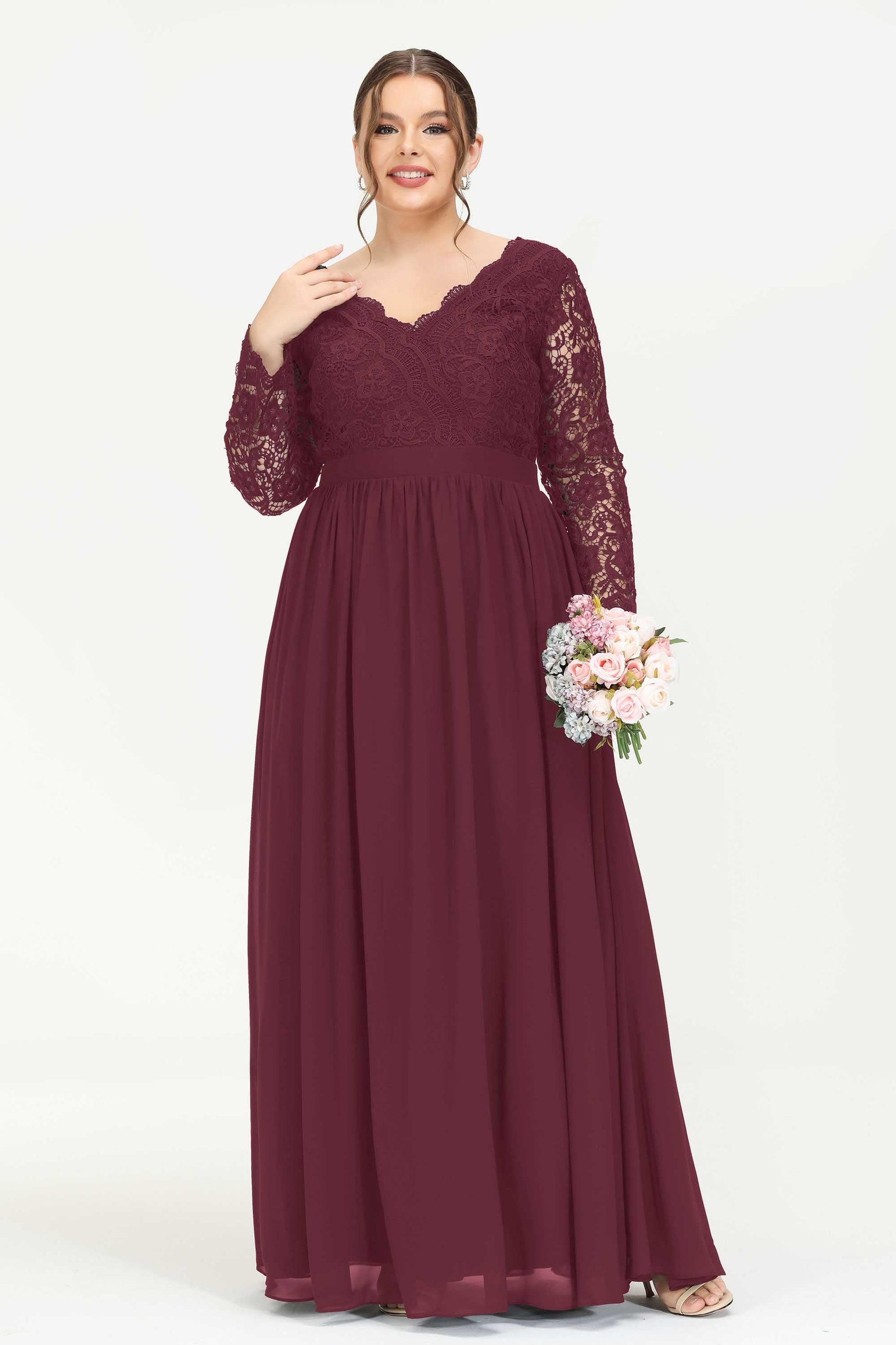 Duntery Long Sleeves V-neck Lace Chiffon Maxi Dress, Cabernet Duntery Long Sleeves V-neck Lace Chiffon Maxi Dress, Cabernet