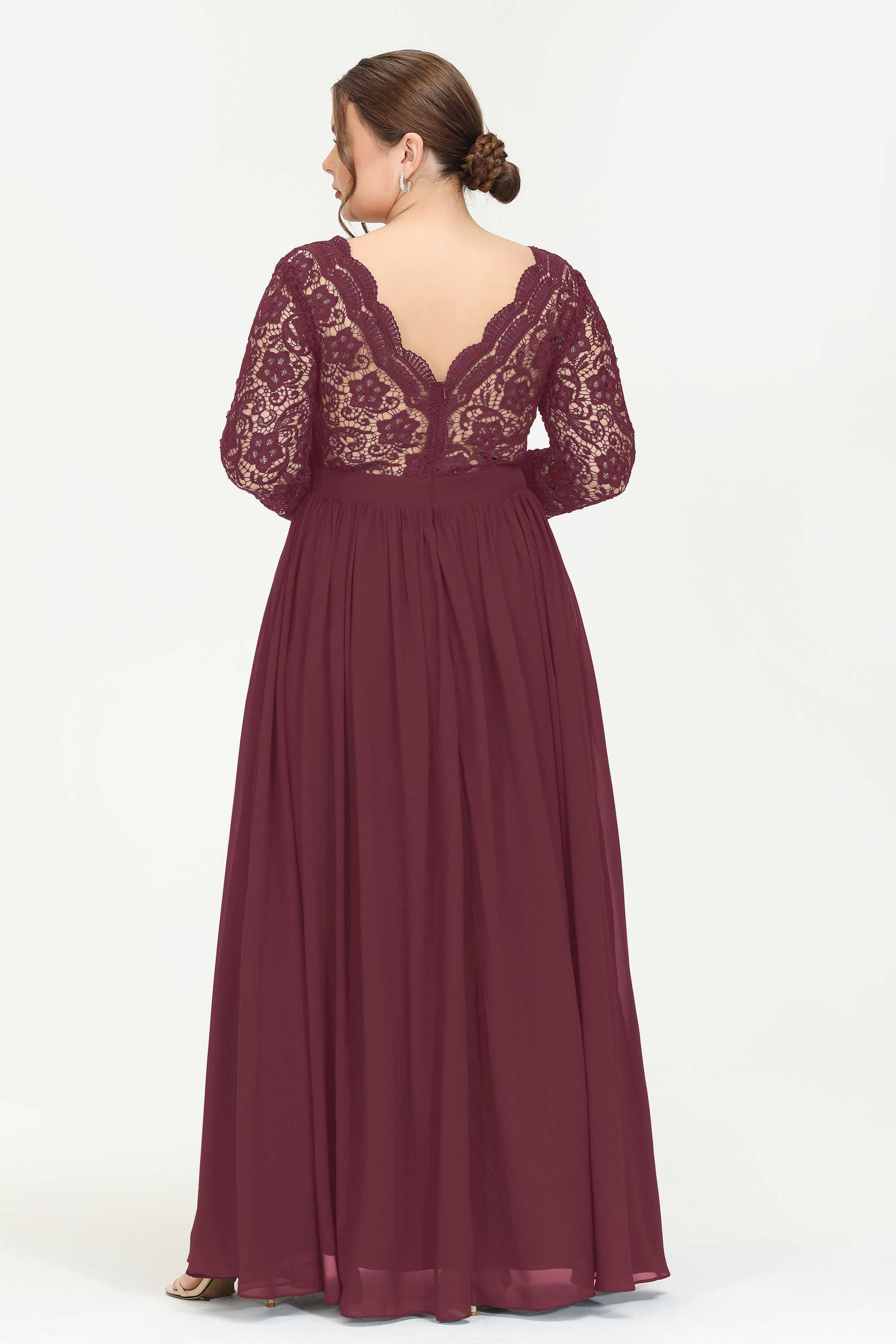 Duntery Long Sleeves V-neck Lace Chiffon Maxi Dress, Cabernet Duntery Long Sleeves V-neck Lace Chiffon Maxi Dress, Cabernet