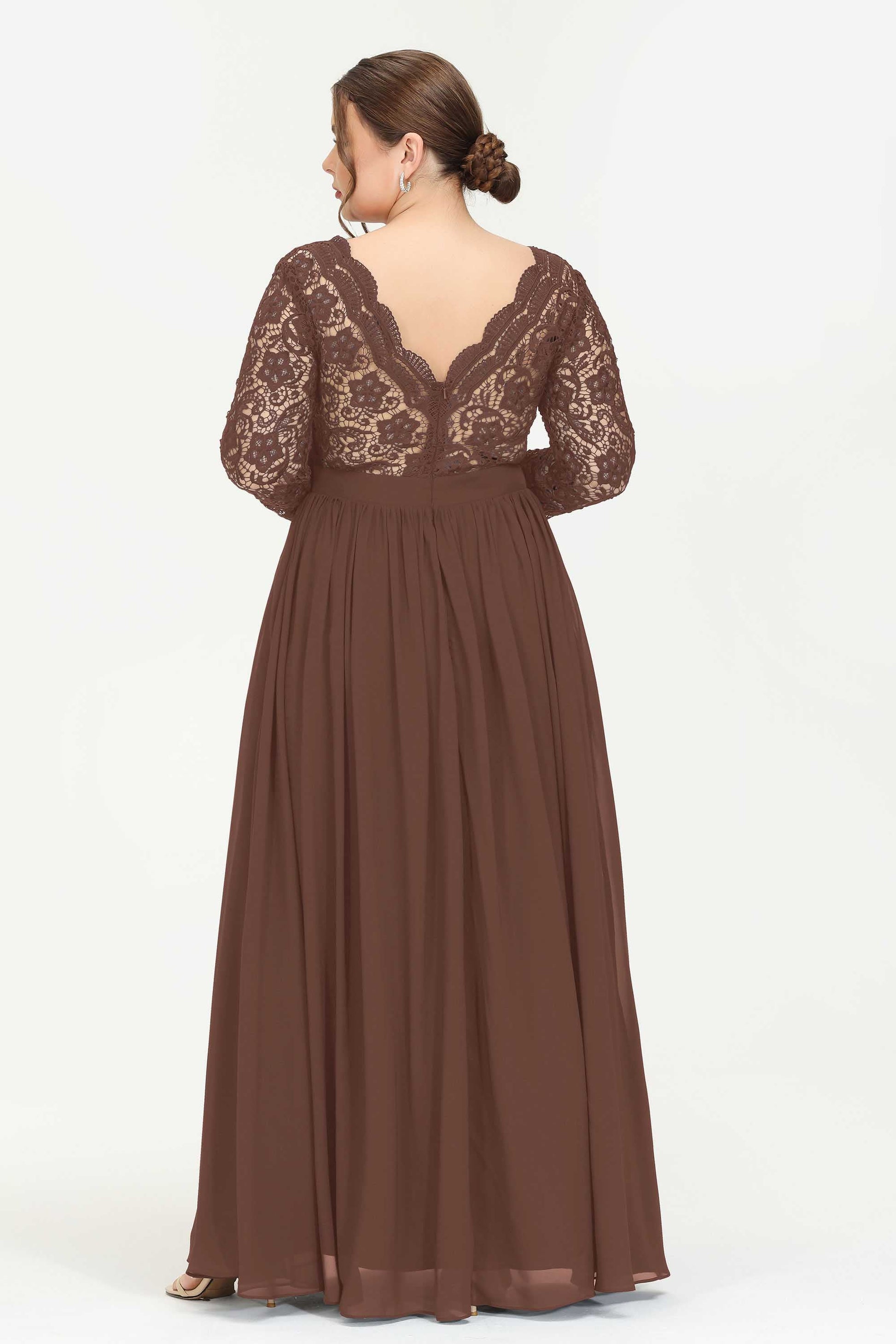 Duntery V Neck Lace Chiffon Long Dress With Long Sleeves, Brown Duntery V Neck Lace Chiffon Long Dress With Long Sleeves, Brown