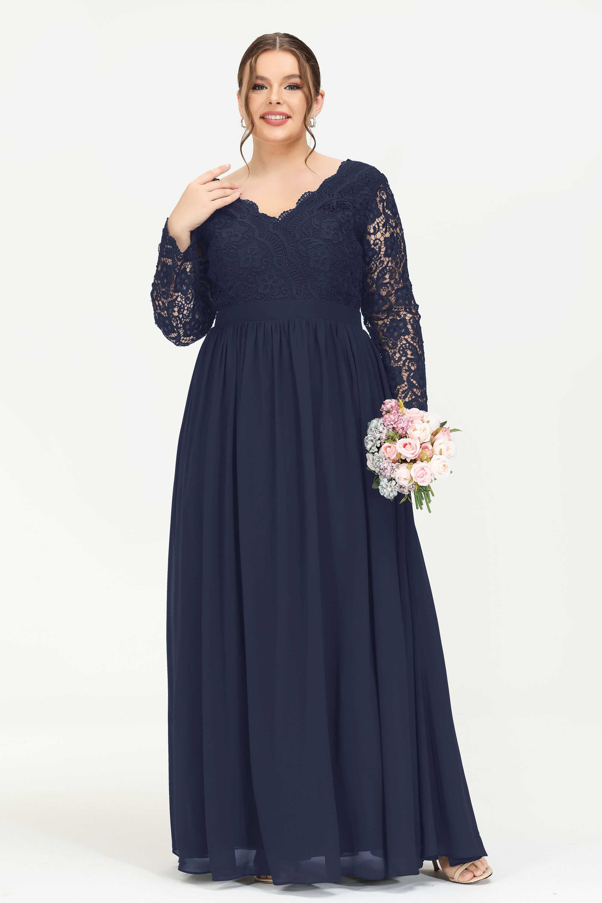 V Neck Lace Chiffon Long Dress With Long Sleeves – DUNTERY