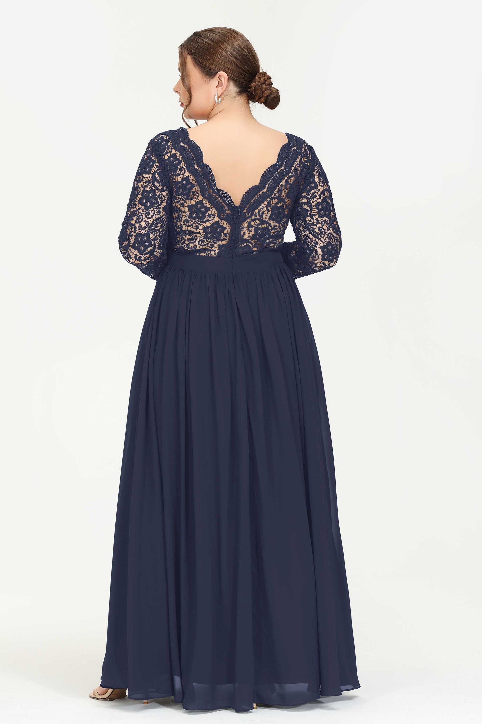 Duntery V Neck Lace Chiffon Long Dress With Long Sleeves, Peacock Duntery V Neck Lace Chiffon Long Dress With Long Sleeves, Peacock