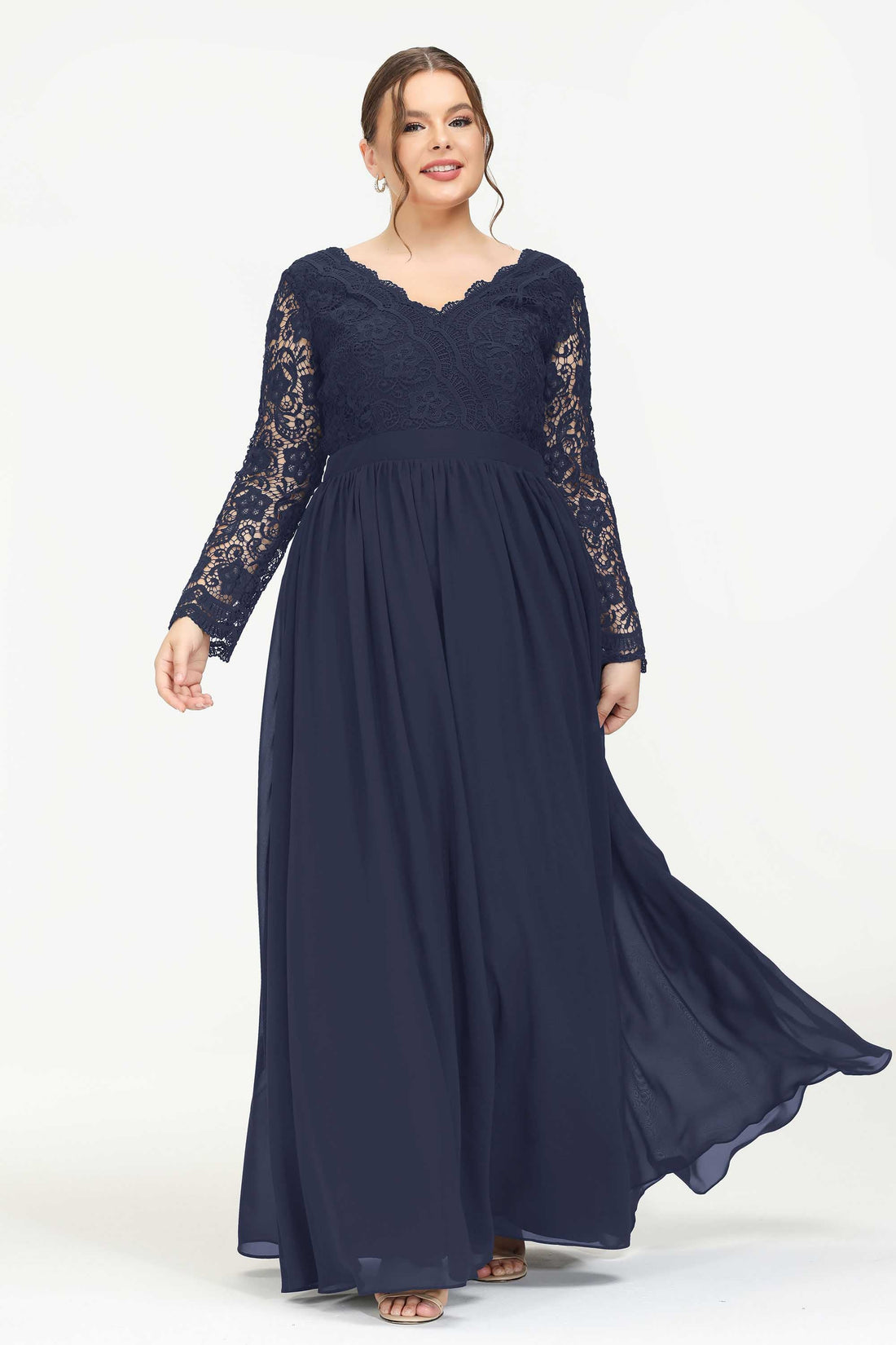 V Neck Lace Chiffon Long Dress With Long Sleeves – DUNTERY