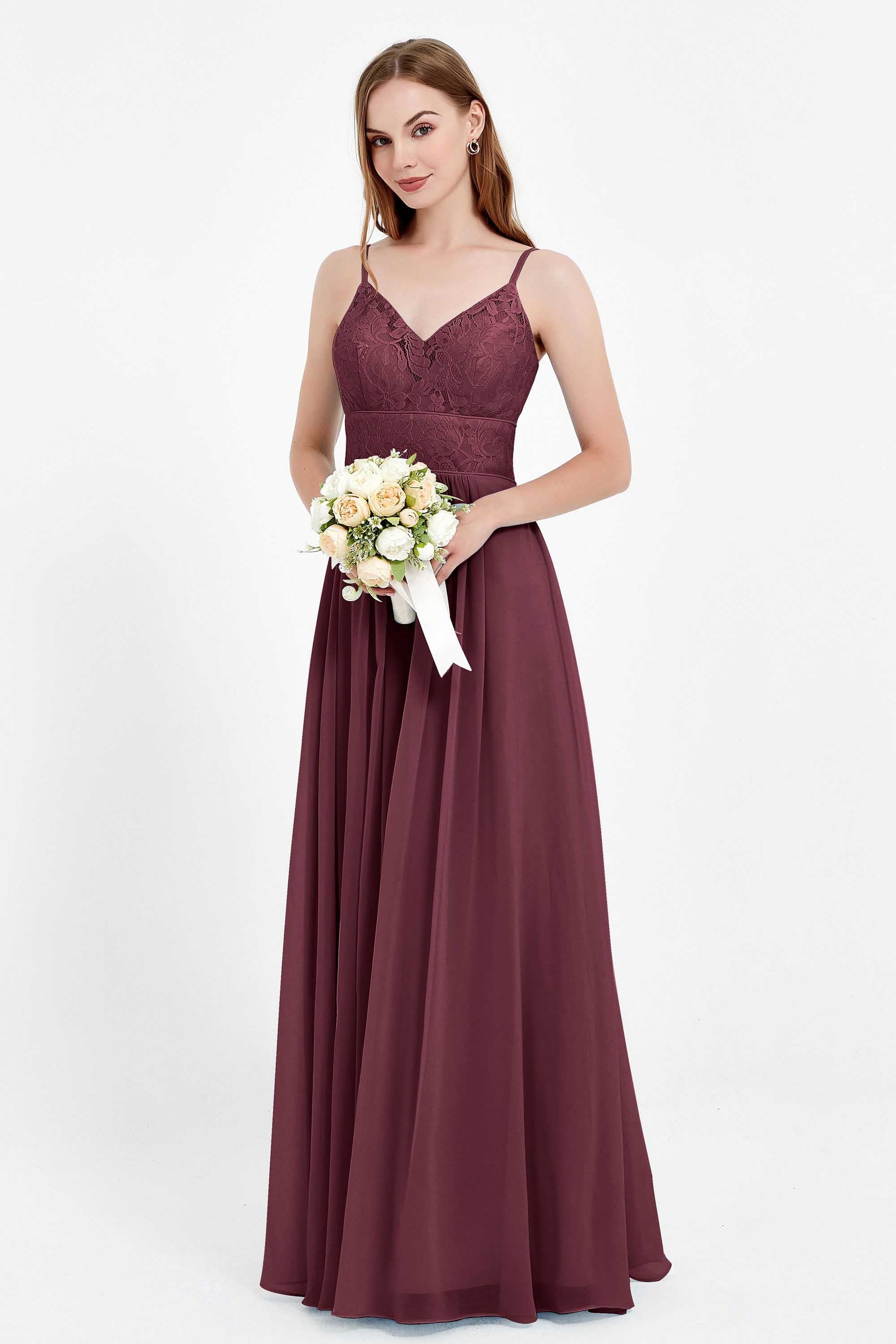 Duntery Floral Lace Bodice Long Chiffon Bridesmaid Dress, Burgundy Duntery Floral Lace Bodice Long Chiffon Bridesmaid Dress, Burgundy