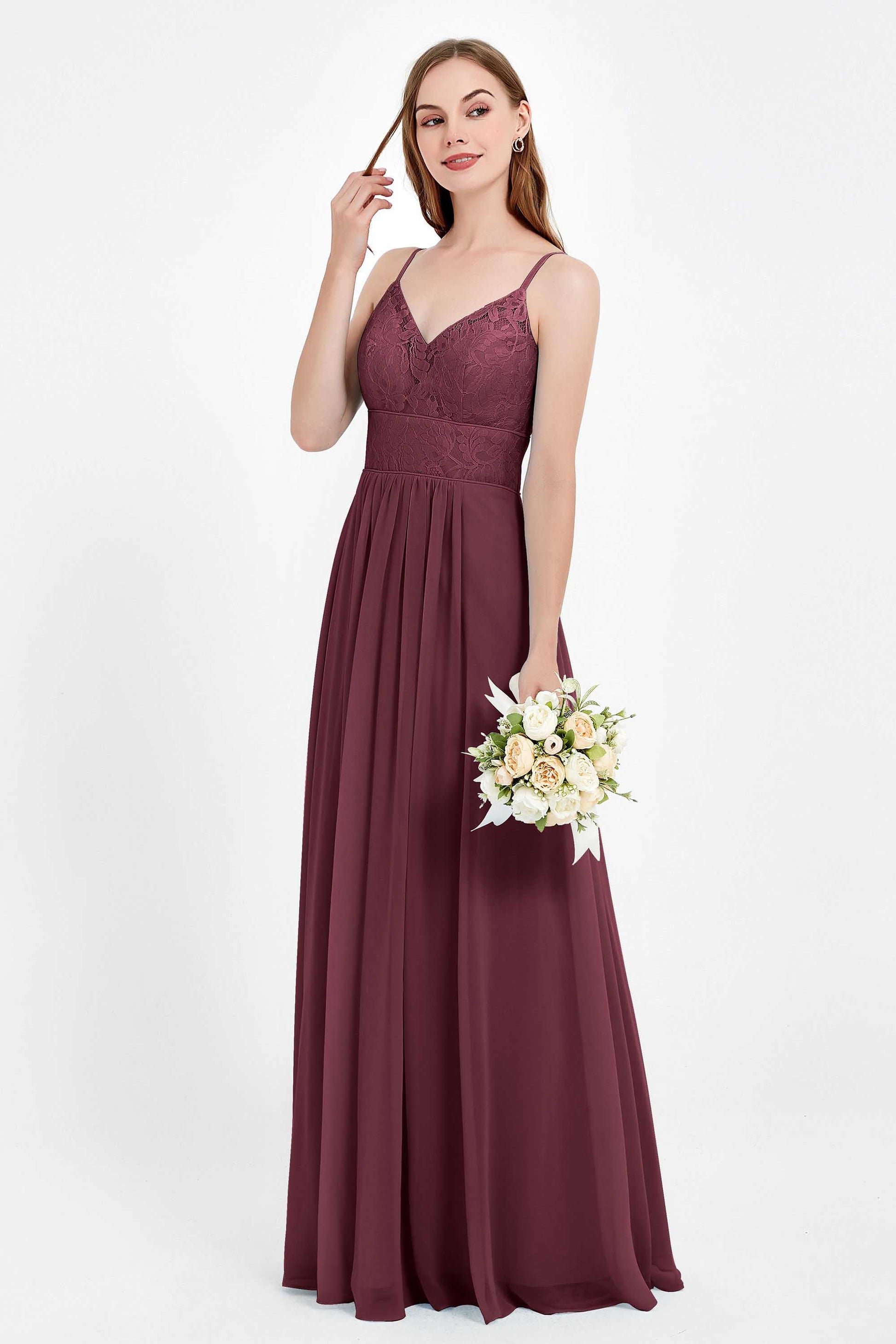 Duntery Floral Lace Bodice Long Chiffon Bridesmaid Dress, Burgundy Duntery Floral Lace Bodice Long Chiffon Bridesmaid Dress, Burgundy