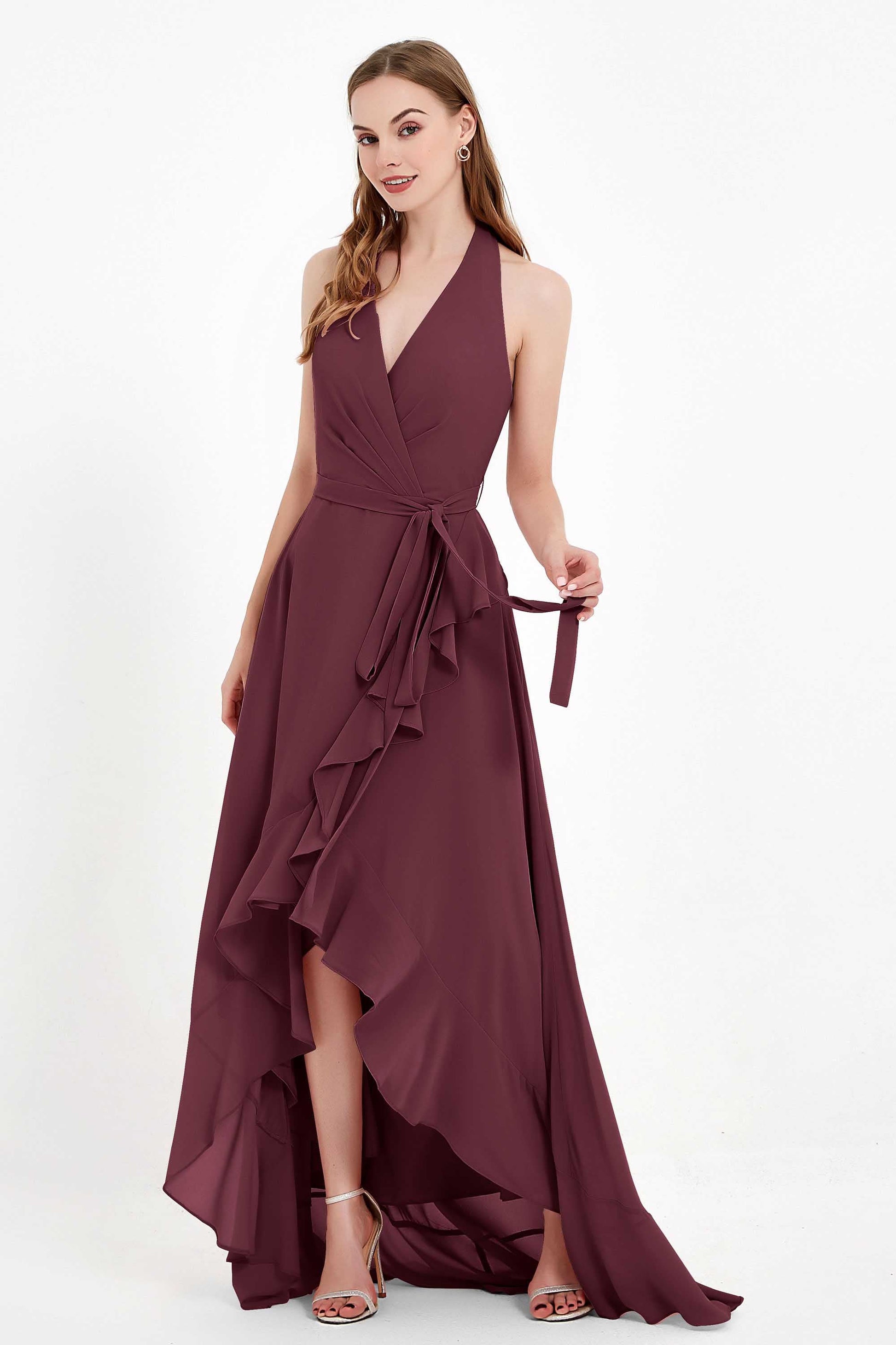 chiffon halter high low dress Stacees 2026 A-line Floral Print Prom Dress with Halter Ruched Cutout Corset