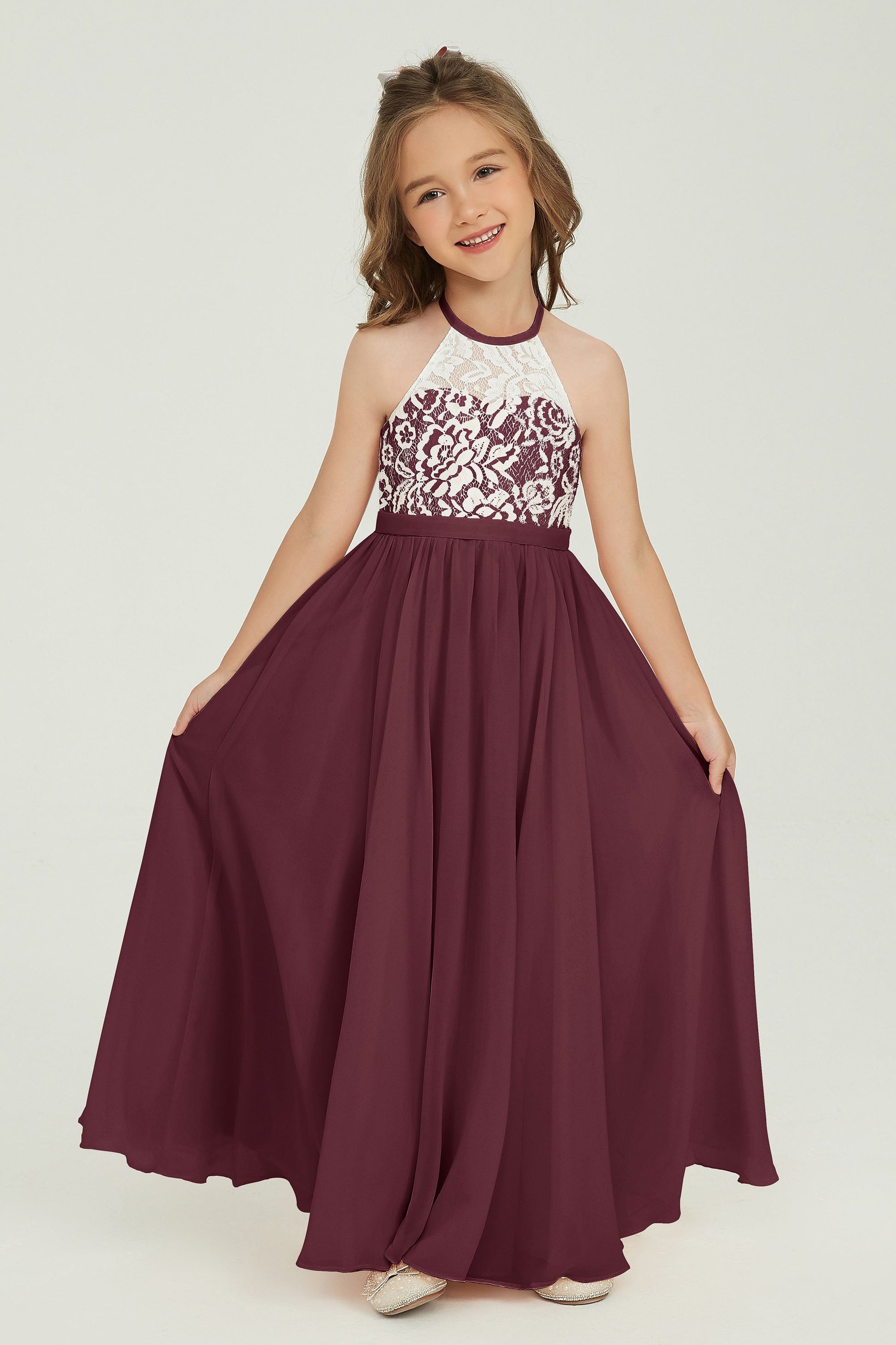 Duntery Maxi Sleeveless Junior Bridesmaid Dress in Chiffon Lace Halter Neck, Terracotta Duntery Maxi Sleeveless Junior Bridesmaid Dress in Chiffon Lace Halter Neck, Terracotta