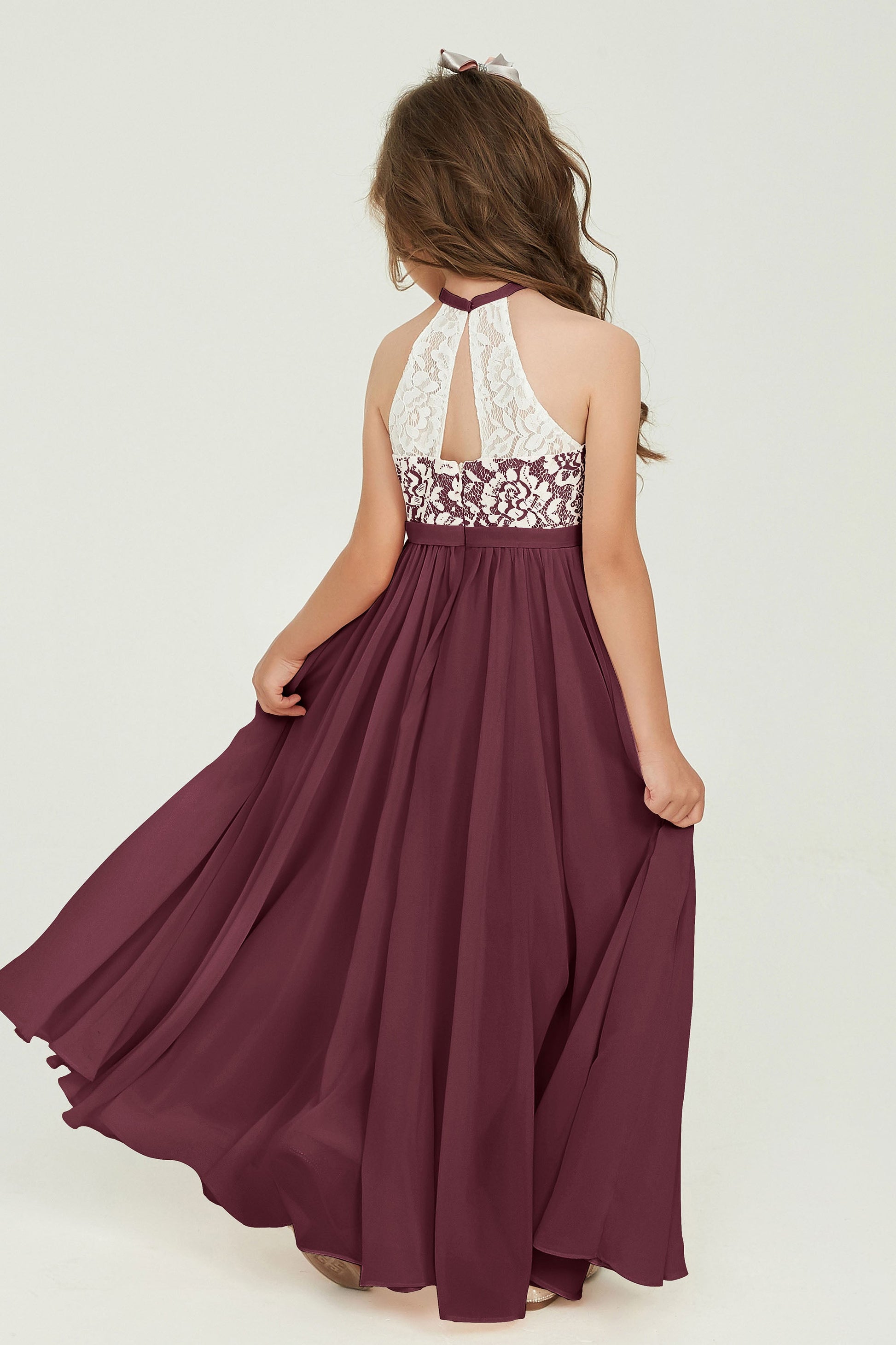 Duntery Maxi Sleeveless Junior Bridesmaid Dress in Chiffon Lace Halter Neck, Mulberry Duntery Maxi Sleeveless Junior Bridesmaid Dress in Chiffon Lace Halter Neck, Mulberry