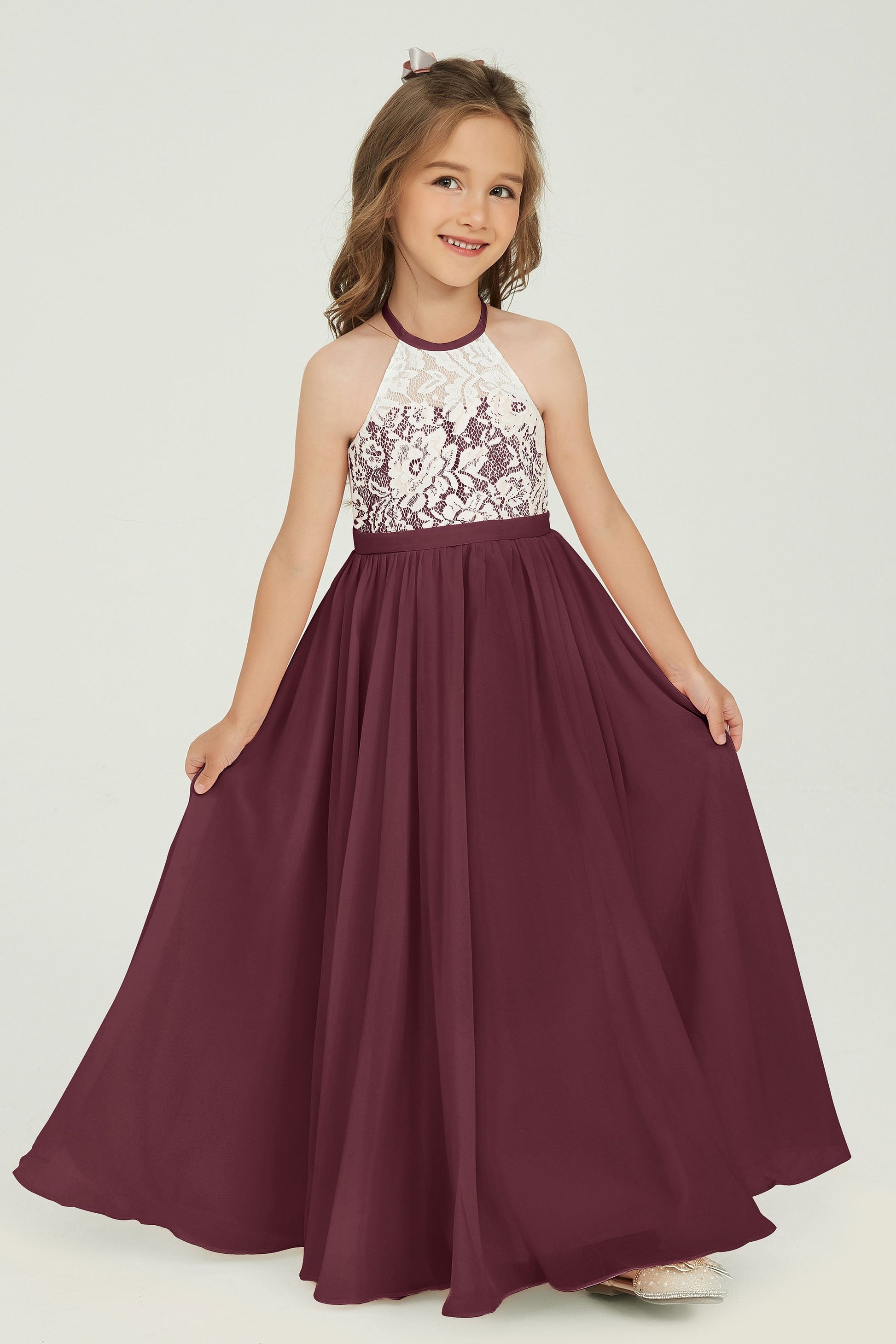 Duntery Maxi Sleeveless Junior Bridesmaid Dress in Chiffon Lace Halter Neck, Terracotta Duntery Maxi Sleeveless Junior Bridesmaid Dress in Chiffon Lace Halter Neck, Terracotta