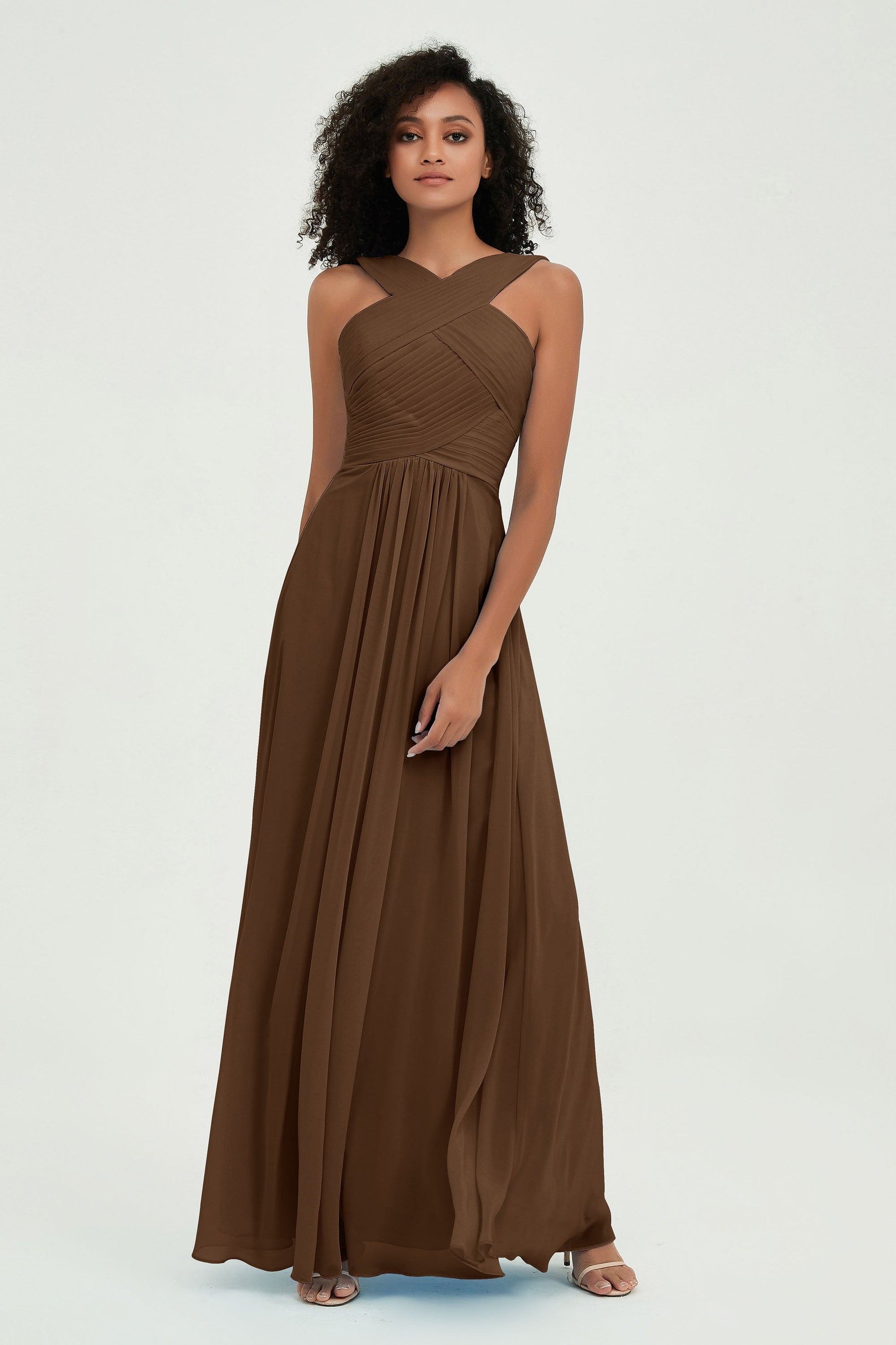 Duntery Empire Halter Chiffon Bridesmaid Dress with Pleated Bodice, Pool Duntery Empire Halter Chiffon Bridesmaid Dress with Pleated Bodice, Pool