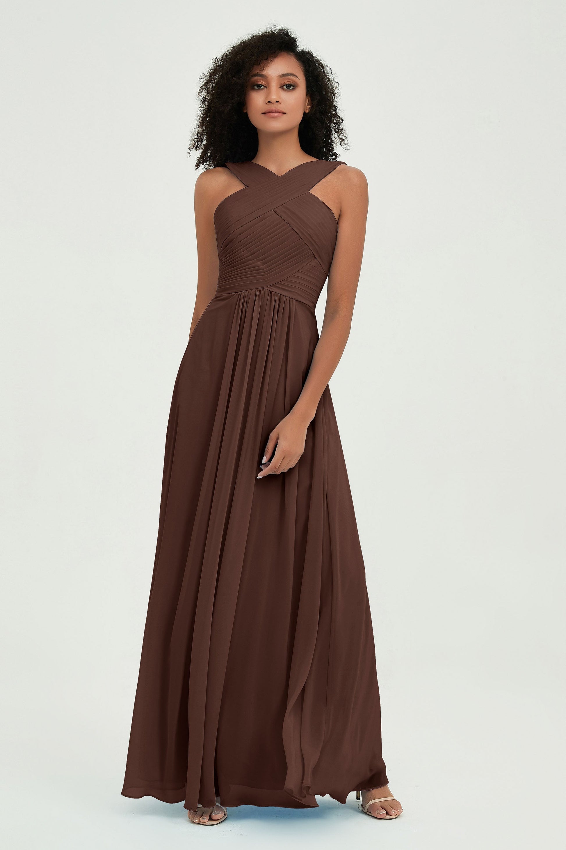 Duntery Empire Halter Chiffon Bridesmaid Dress with Pleated Bodice, Terracotta Duntery Empire Halter Chiffon Bridesmaid Dress with Pleated Bodice, Terracotta