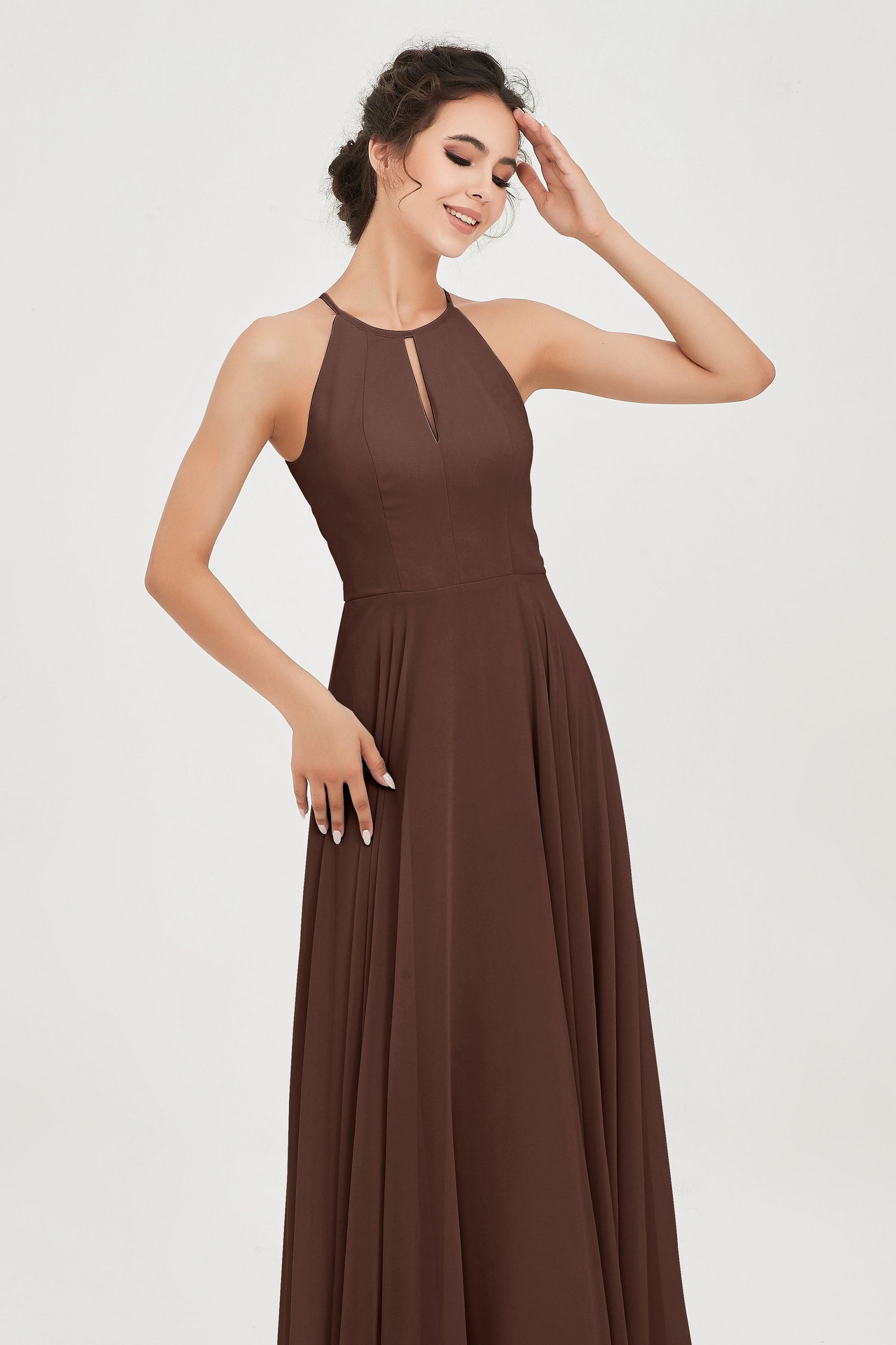 Duntery A-line Halter Chiffon Floor-length Bridesmaid Dress, Brown Duntery A-line Halter Chiffon Floor-length Bridesmaid Dress, Brown