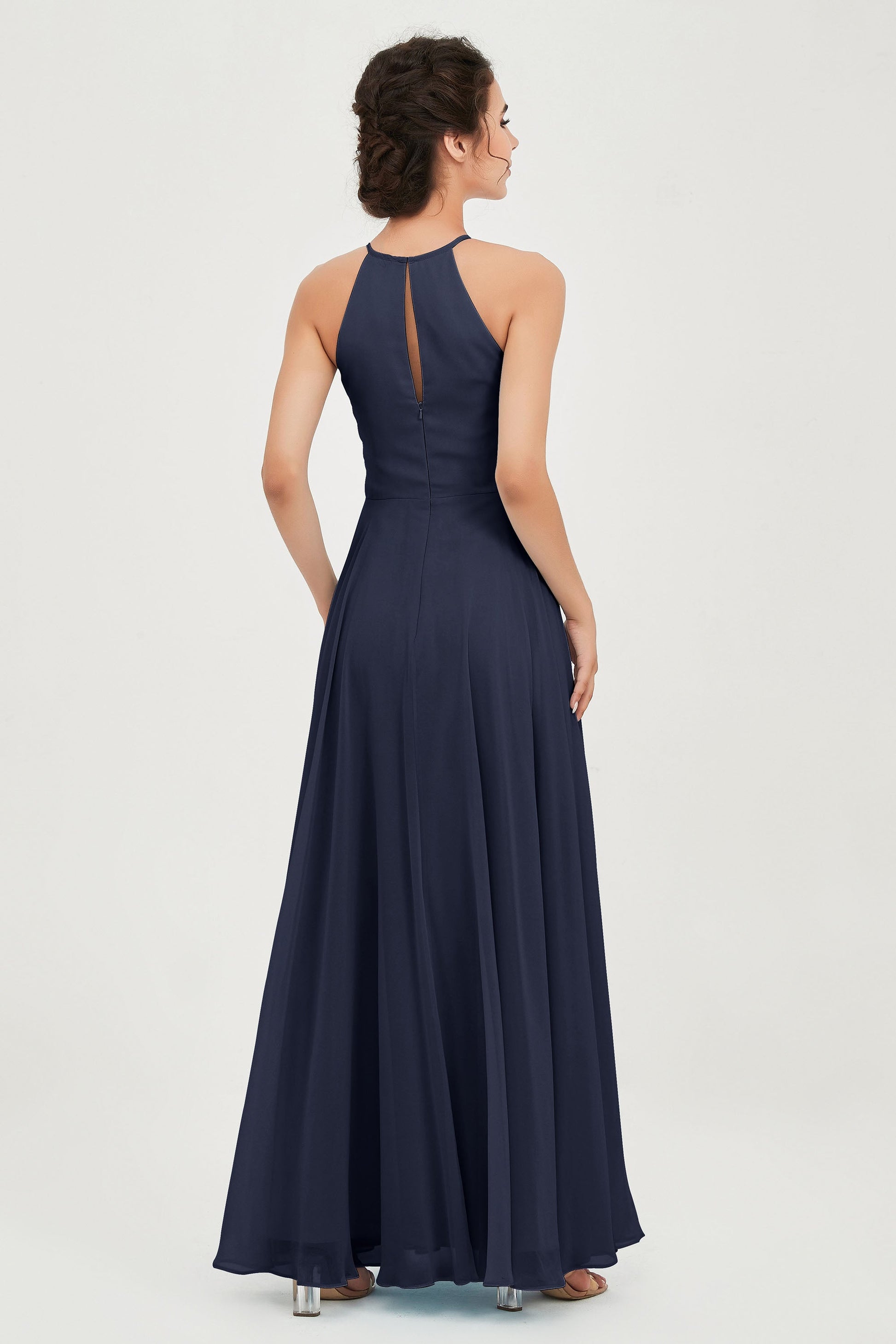 Duntery A-line Halter Chiffon Floor-length Bridesmaid Dress, Blue Duntery A-line Halter Chiffon Floor-length Bridesmaid Dress, Blue
