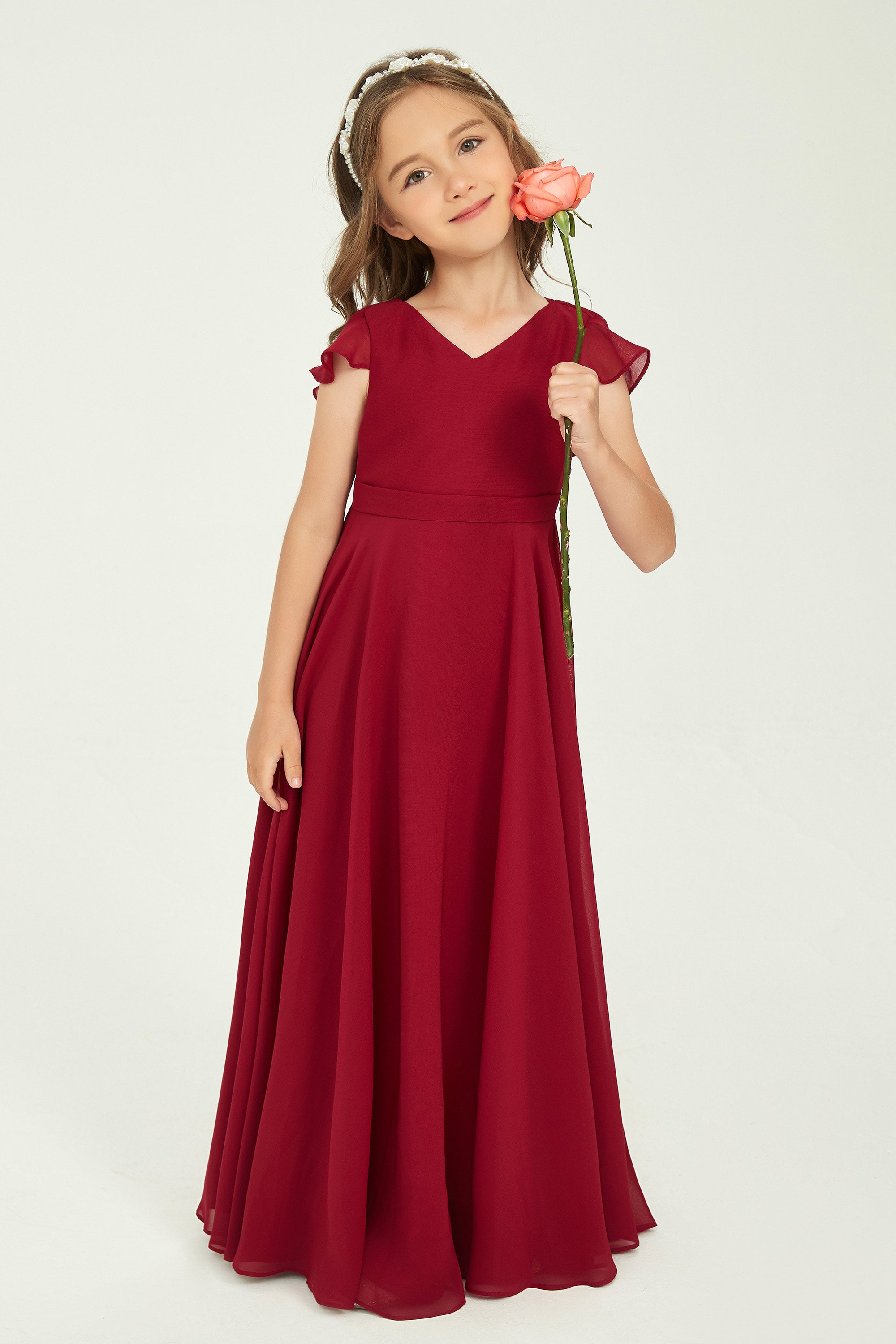 A-Line Chiffon Long Bridesmaid Dress with Flutter Sleeves V-Neckline ...