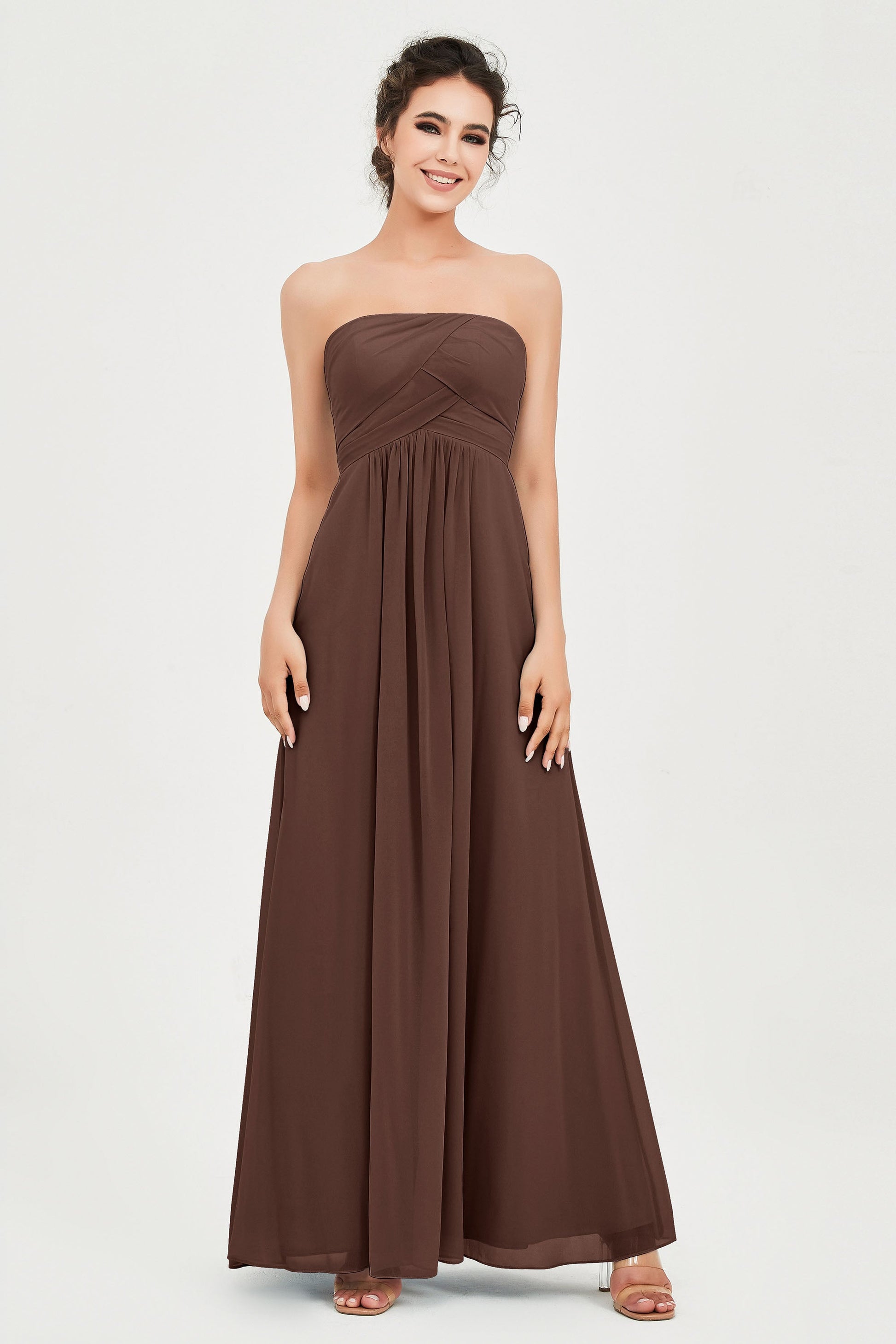 Duntery Empire Strapless Chiffon Long Bridesmaid Dress With Pocket, Slate-Blue Duntery Empire Strapless Chiffon Long Bridesmaid Dress With Pocket, Slate-Blue
