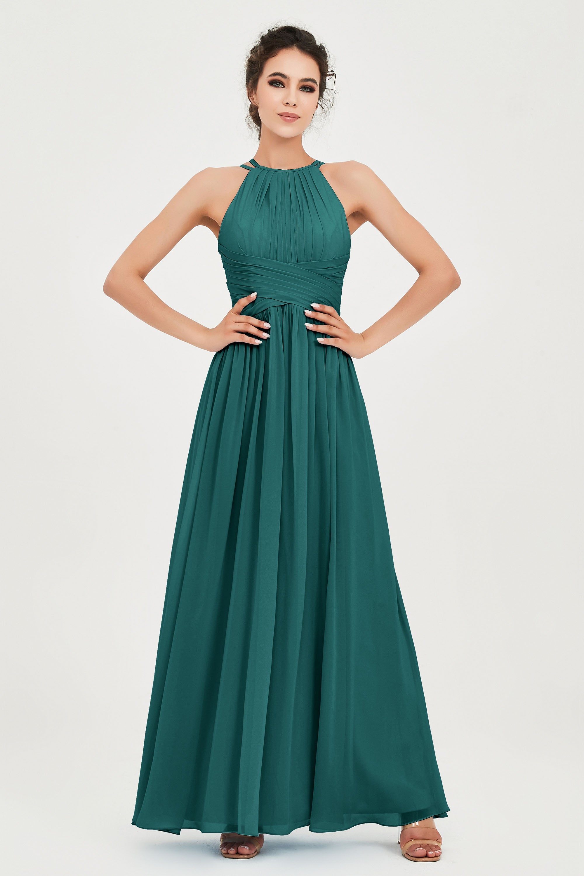 Stunning Long Gown with Embroidered Halter Top Neckline and Flowy Skirt  #CDUJ0120