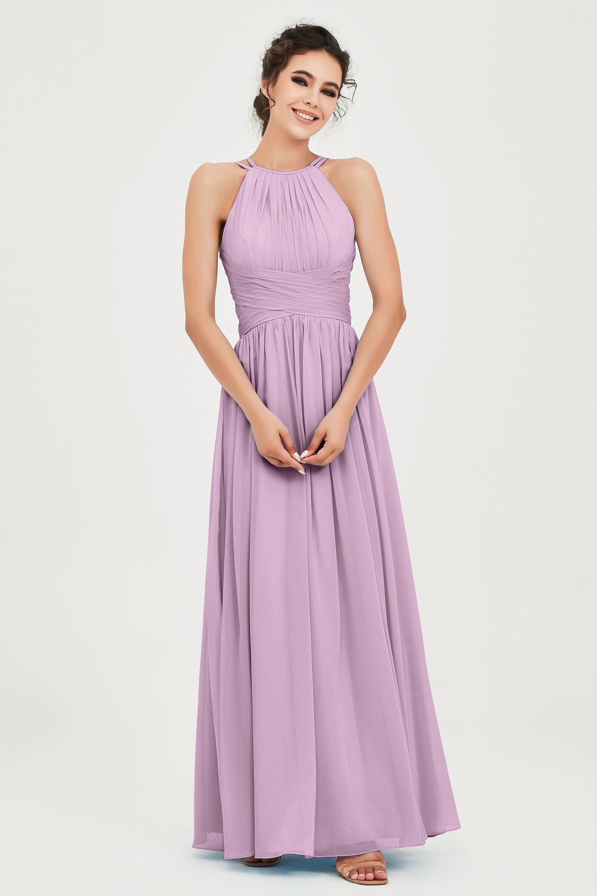 A-line Halter Chiffon Long Dress With Pleated Bodice – DUNTERY