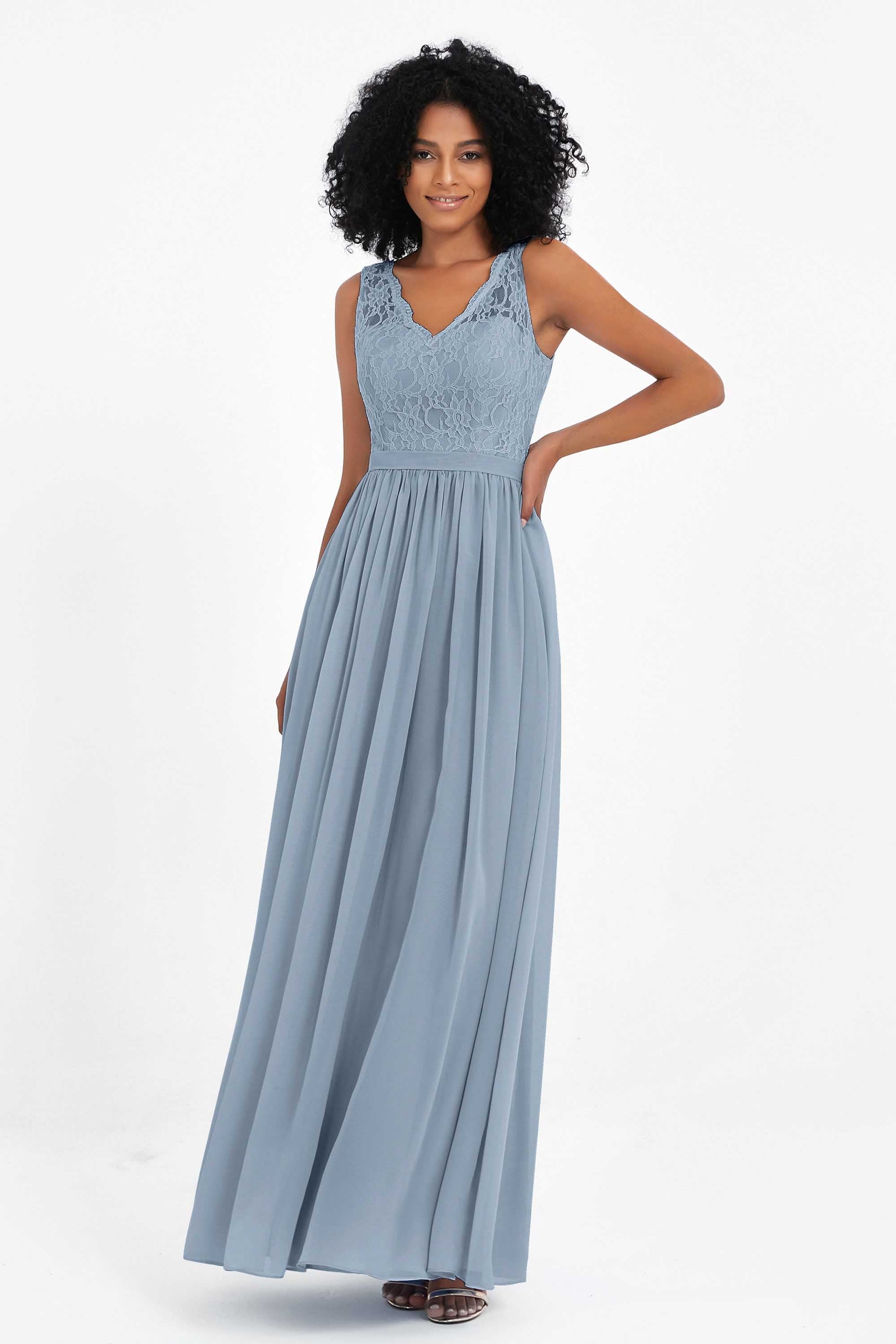 Duntery Sleeveless Lace Chiffon Bridesmaid Dress Maxi Dress, Slate-Blue Duntery Sleeveless Lace Chiffon Bridesmaid Dress Maxi Dress, Slate-Blue