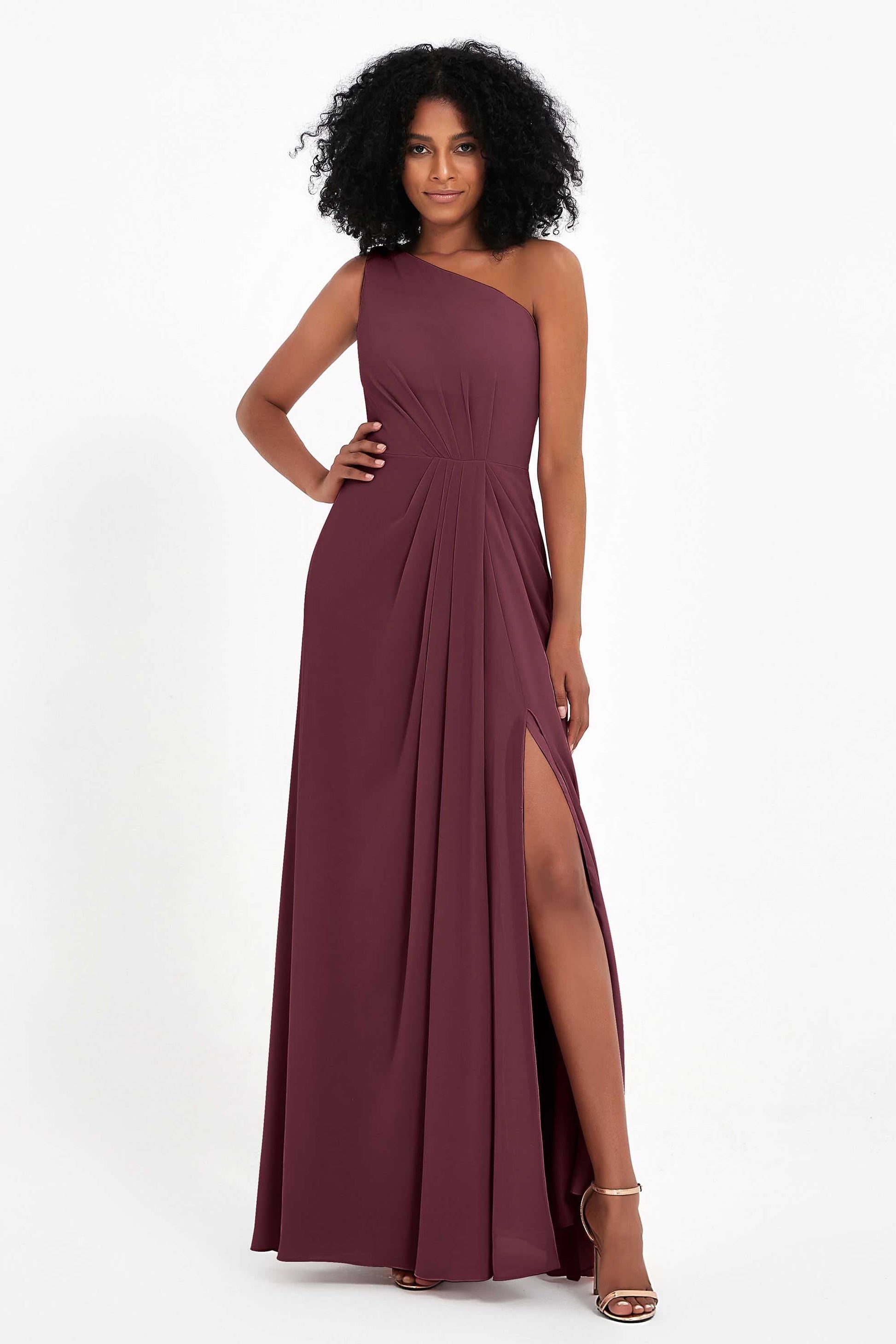 plum one shoulder bridesmaid dress Deep Plum Bridesmaid Dresses Flowy One Shoulder Long Sleeves Floor Length Chiffon Bridesmaid Dresses