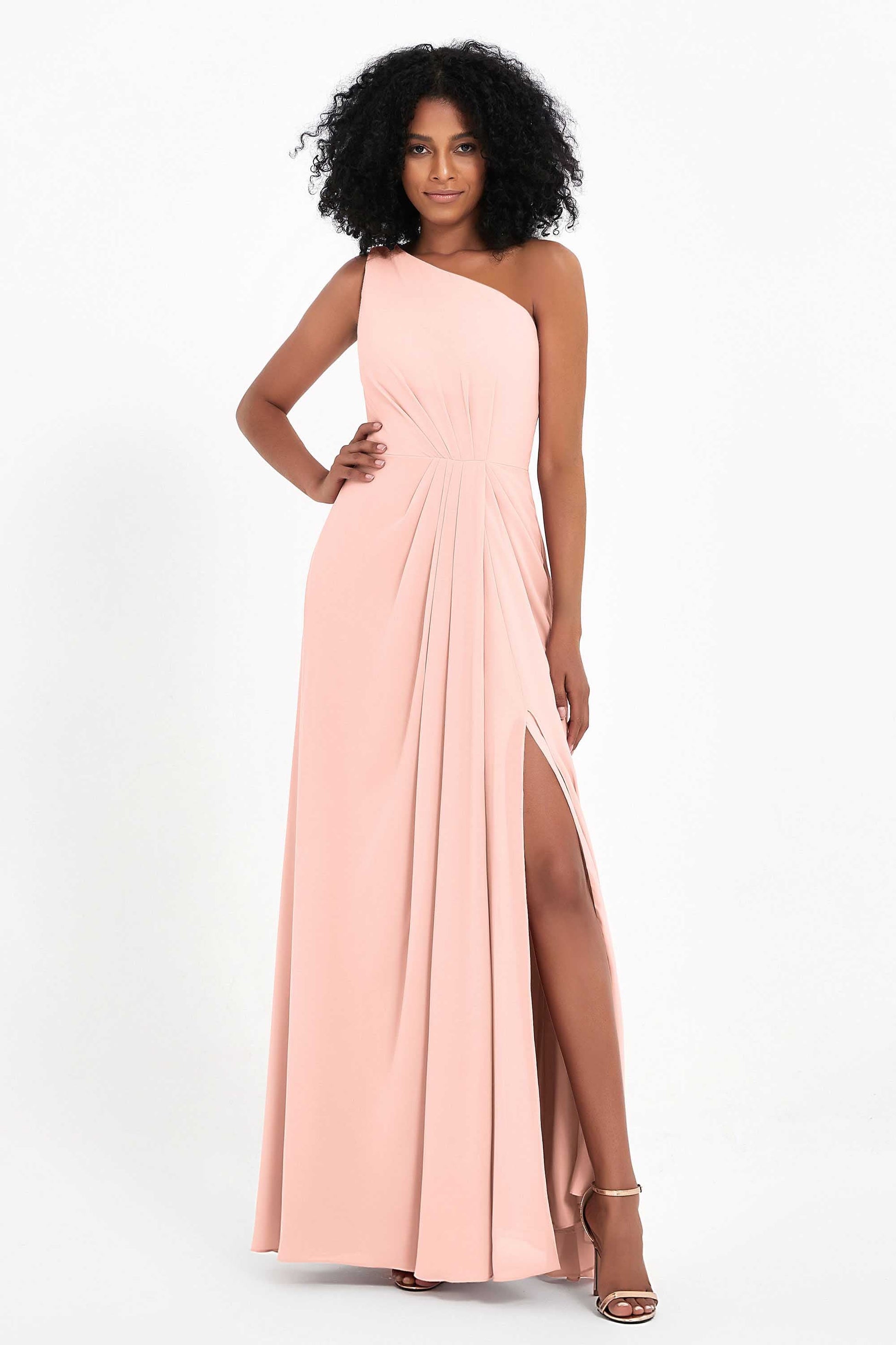 Duntery One Shoulder Bridesmaid Dress High Slit Long Dress, Candy-Pink Duntery One Shoulder Bridesmaid Dress High Slit Long Dress, Candy-Pink