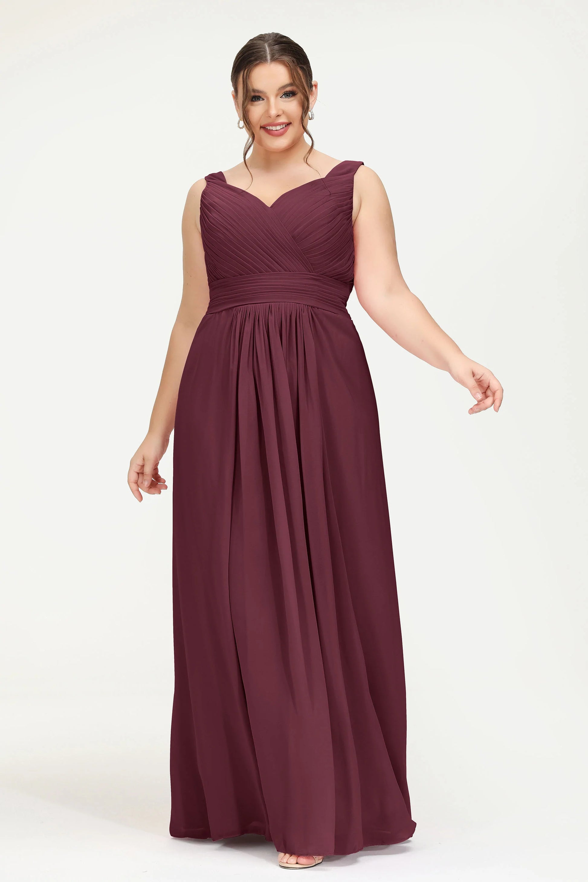 Duntery V Neck Long Chiffon Bridesmaid Dress With Pleated Bodice, Mulberry Duntery V Neck Long Chiffon Bridesmaid Dress With Pleated Bodice, Mulberry