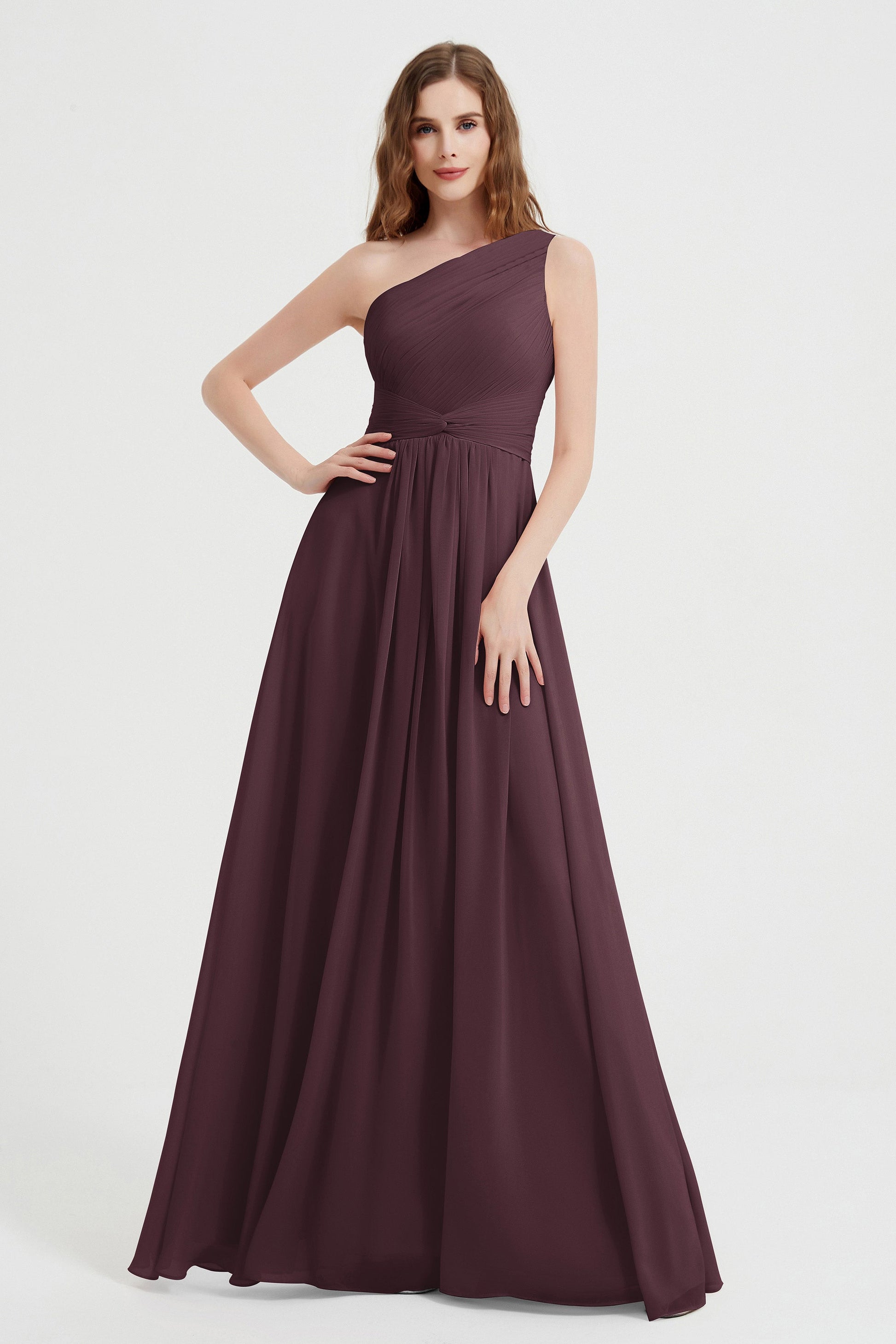Duntery One Shoulder Empire Waist Chiffon Long Bridesmaid Dress, Cabernet Duntery One Shoulder Empire Waist Chiffon Long Bridesmaid Dress, Cabernet