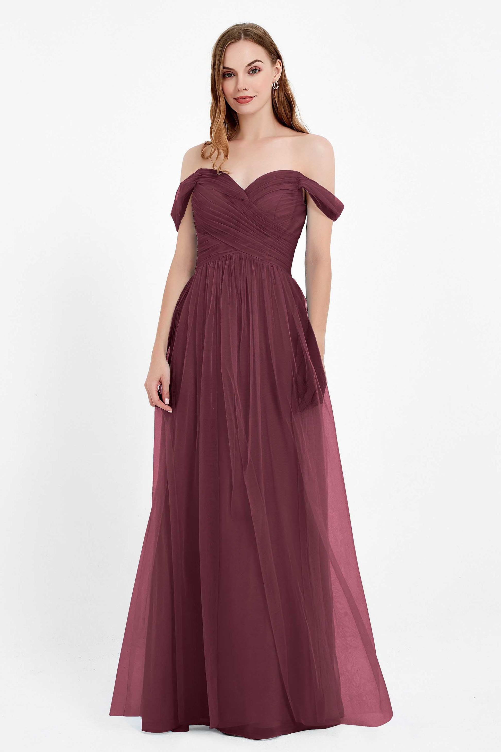 Duntery Sweetheart Neckline Tulle Long Bridesmaid Gown, Burgundy Duntery Sweetheart Neckline Tulle Long Bridesmaid Gown, Burgundy