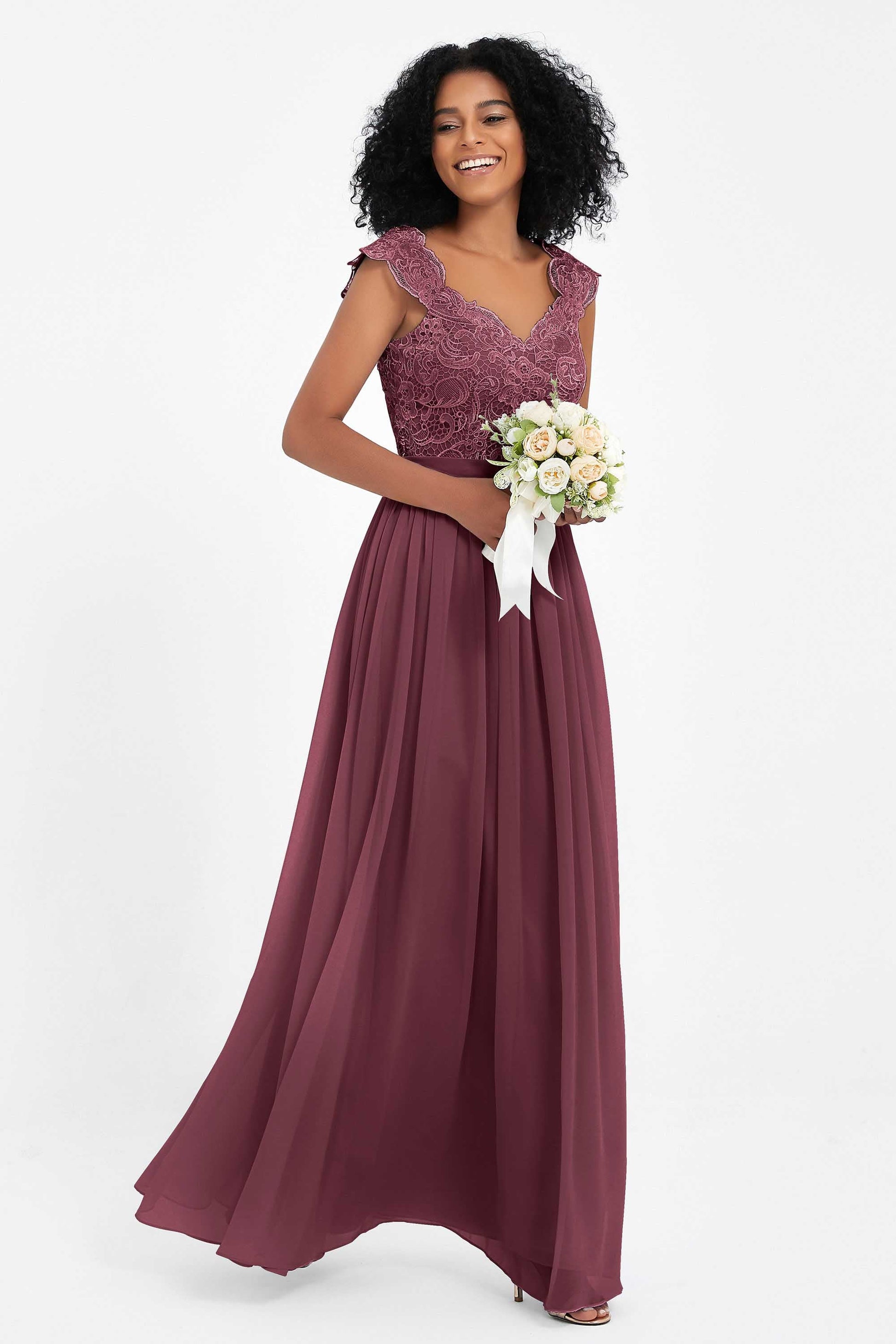 Lace Top Cap Sleeves Long Chiffon Dress DUNTERY Lace Top Cap Sleeves Long Chiffon Dress DUNTERY