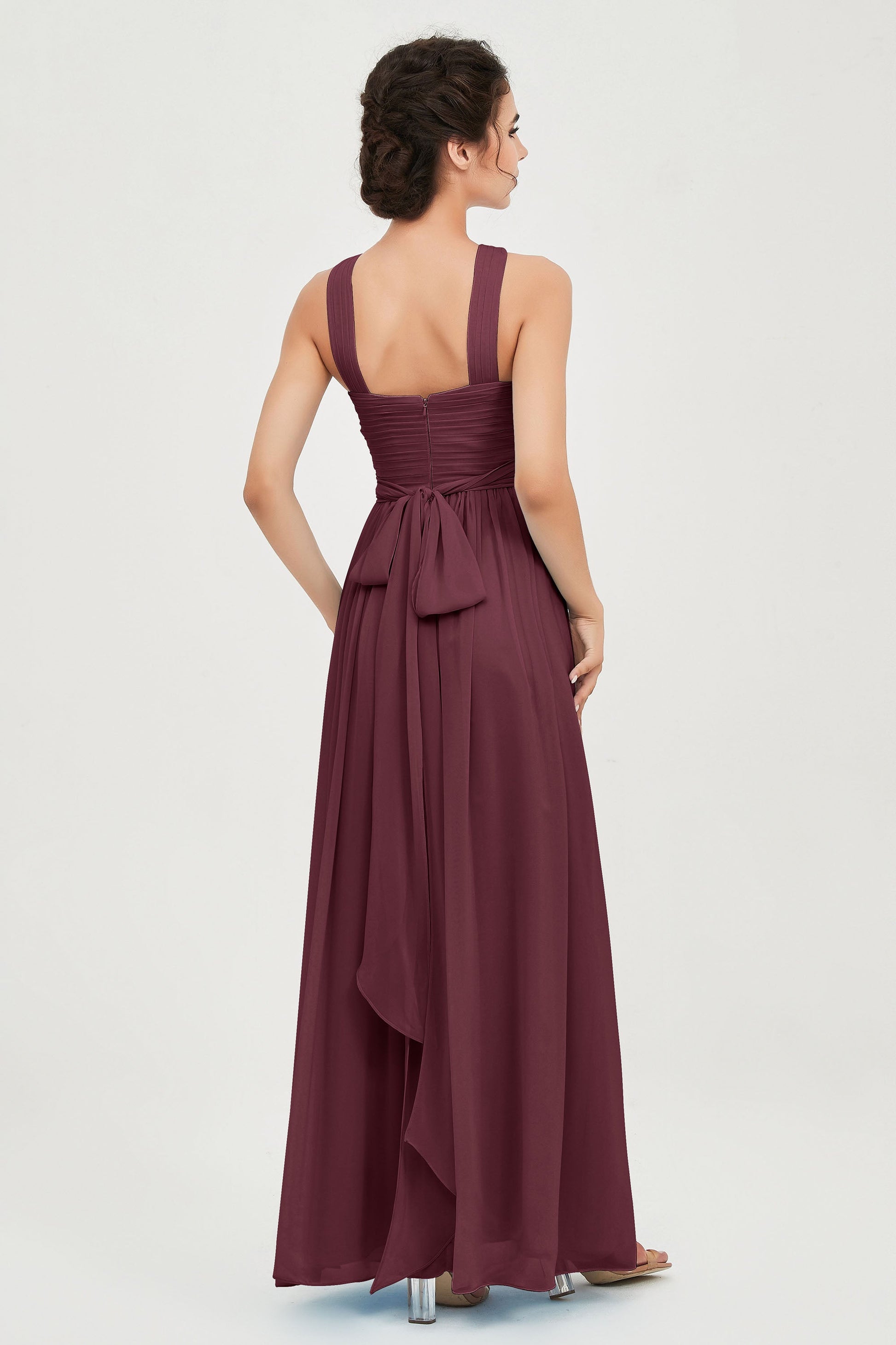 Duntery Chiffon Floor-length Bridesmaid Dress Grecian Neck Open Back With Bow, Cabernet Duntery Chiffon Floor-length Bridesmaid Dress Grecian Neck Open Back With Bow, Cabernet