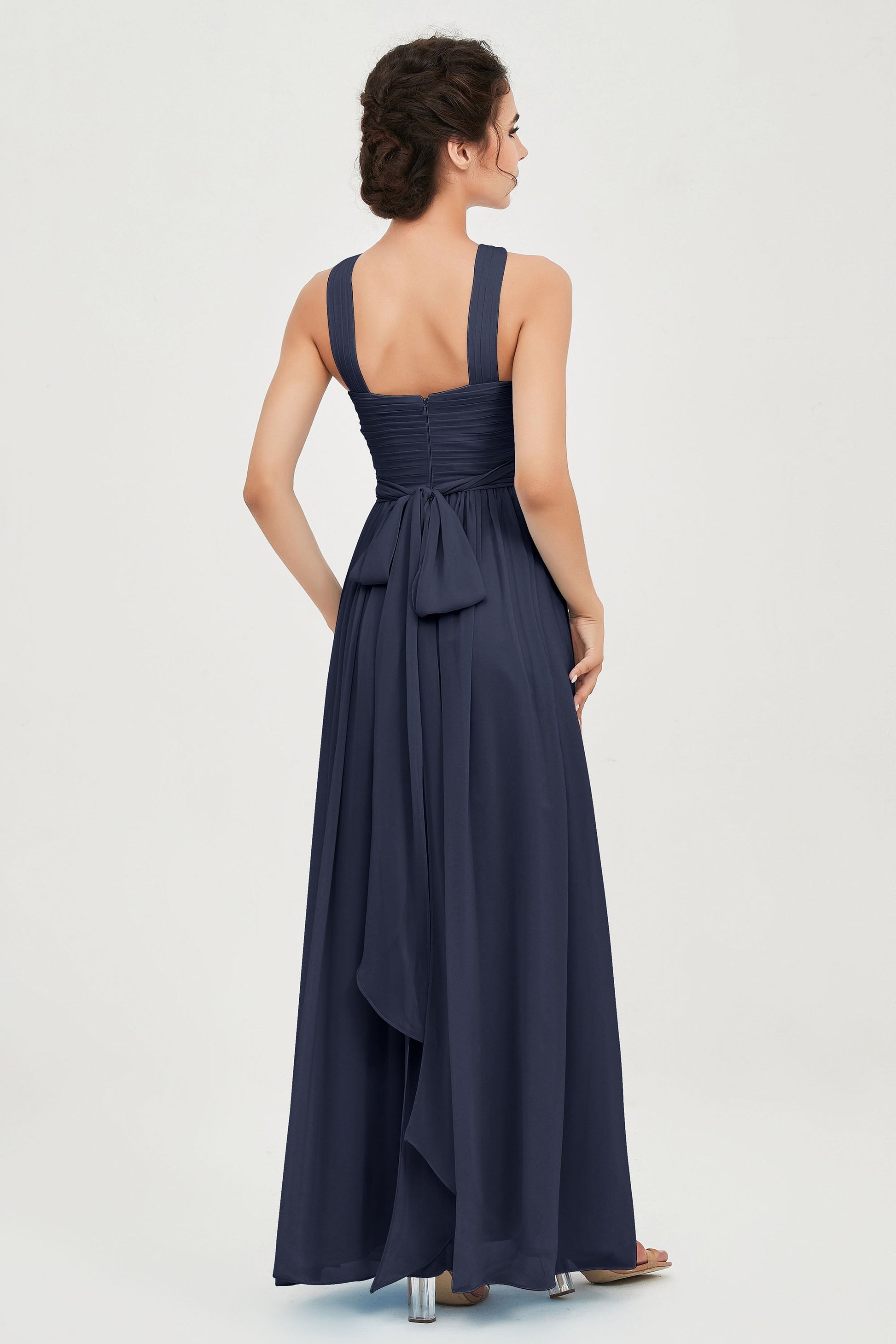 Duntery Chiffon Floor-length Bridesmaid Dress Grecian Neck Open Back With Bow, Dusty-Blue Duntery Chiffon Floor-length Bridesmaid Dress Grecian Neck Open Back With Bow, Dusty-Blue