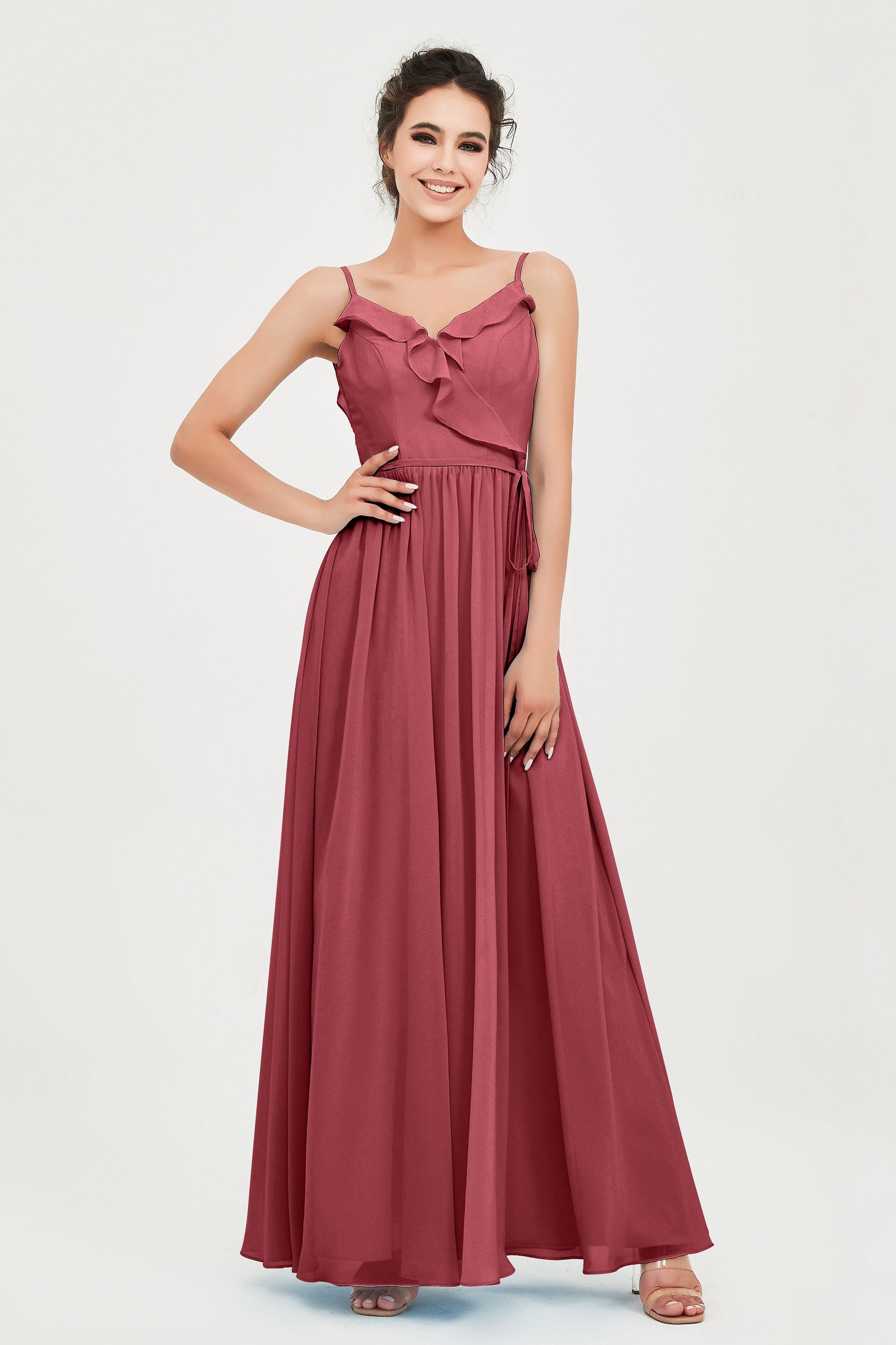 Duntery Spaghetti Straps Backless Ruffle Chiffon Bridesmaid Dress, Moss Duntery Spaghetti Straps Backless Ruffle Chiffon Bridesmaid Dress, Moss