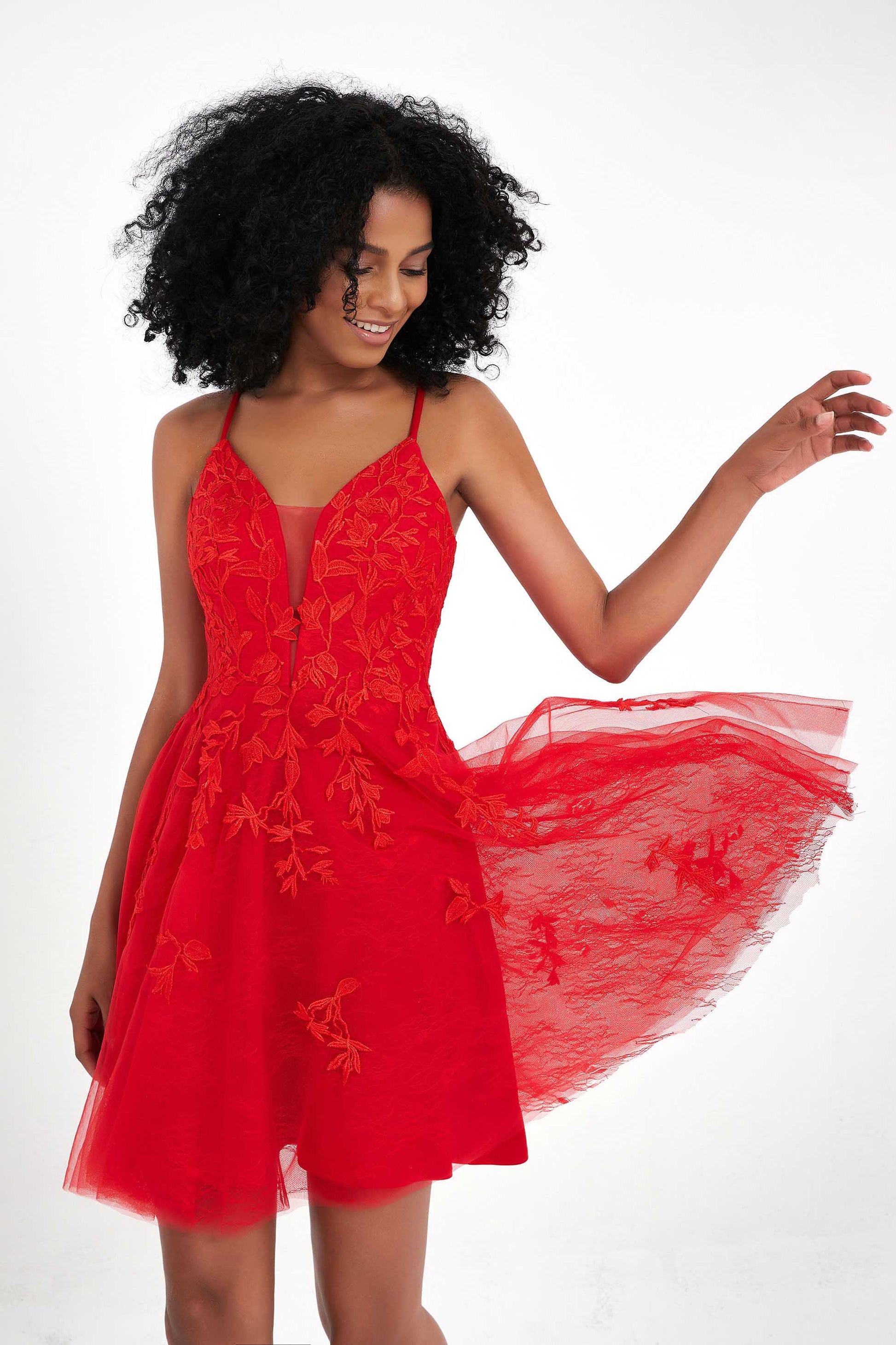 Duntery Deep V-neck Lace Applique Short Tulle Dress Duntery Deep V-neck Lace Applique Short Tulle Dress