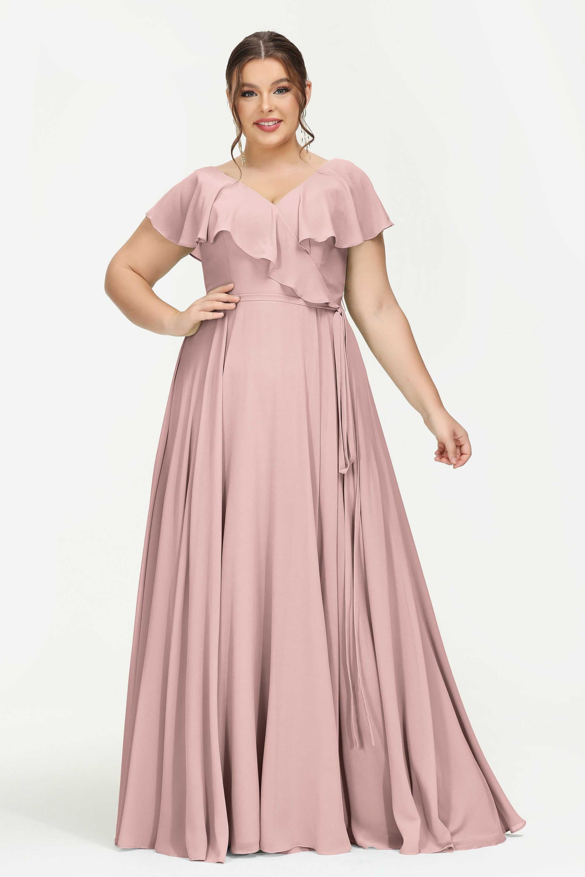 Plus Size Dusty Rose Bridesmaid Dresses Duntery Chiffon Long Bridesmaid Dress V Neck Plus Size, Dusty- Plus Size Dusty Rose Bridesmaid Dresses Duntery Chiffon Long Bridesmaid Dress V Neck Plus Size, Dusty-