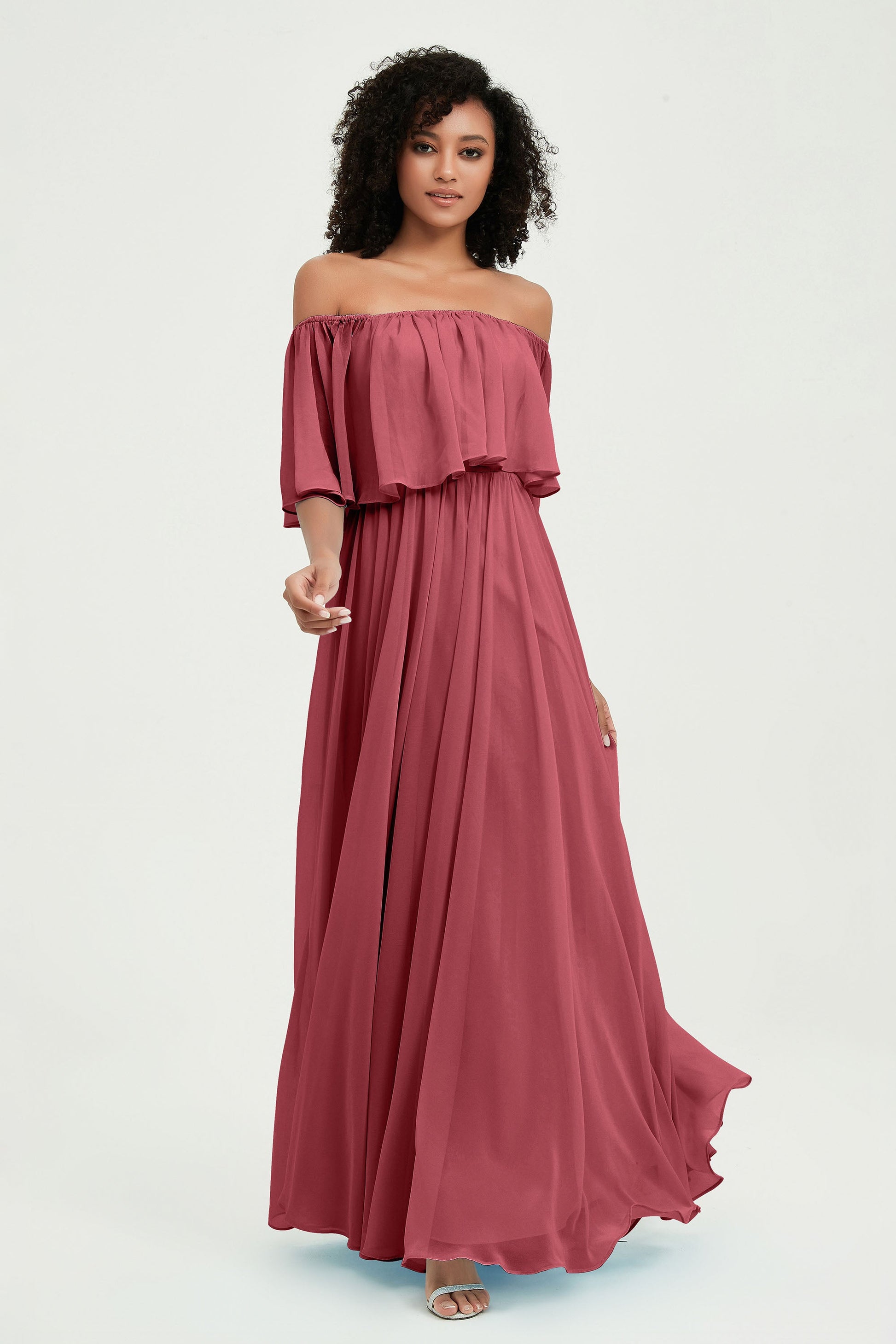 bridesmaid dresses cinnamon rose Duntery Off Shoulder Ruffle Chiffon Floor-length Bridesmaid Dress, Mulberry