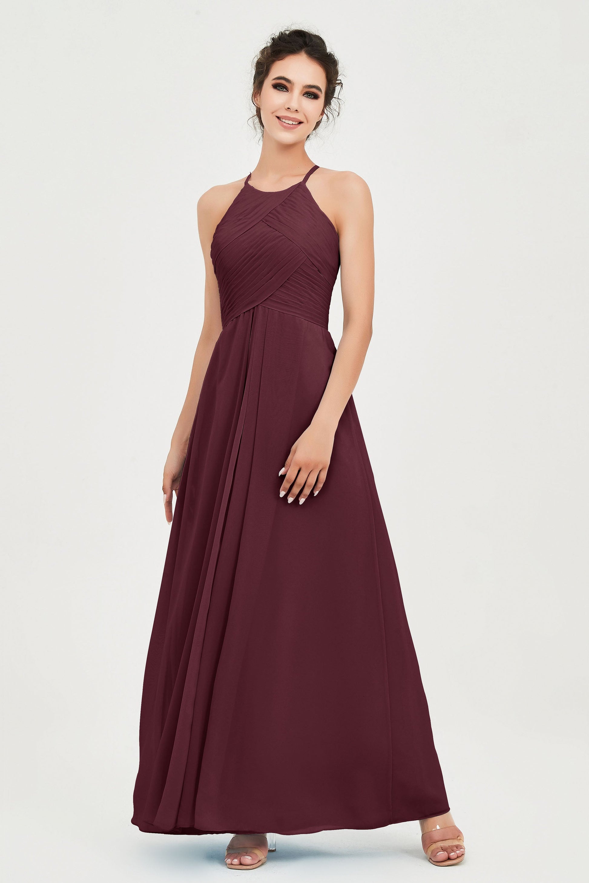 Duntery A-line Halter Open-back Chiffon Long Bridesmaid Dress, Cabernet Duntery A-line Halter Open-back Chiffon Long Bridesmaid Dress, Cabernet
