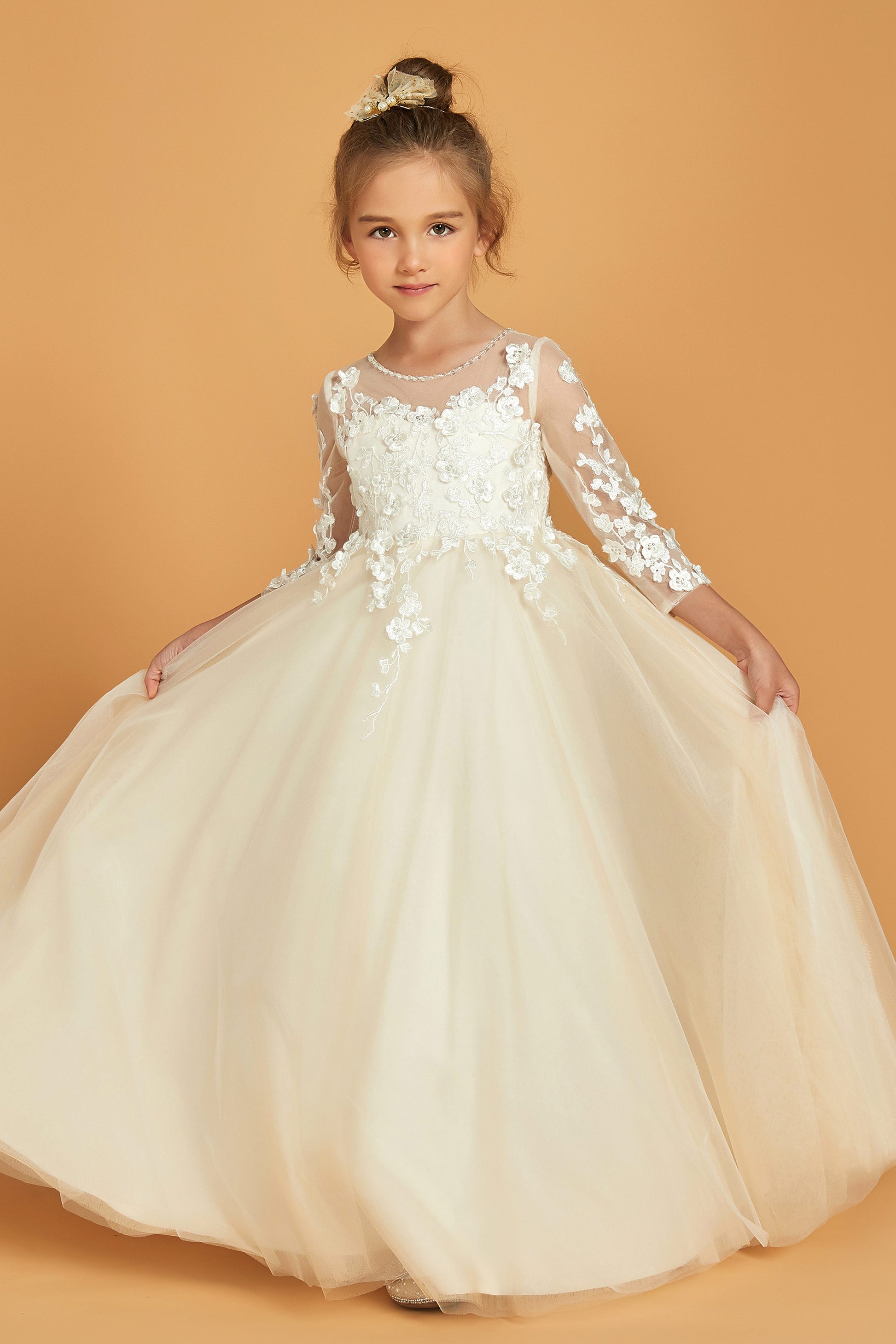 Long Flower Girl Dress Tulle Lace 3/4 Sleeves Pretty Applique Design – DUNTERY