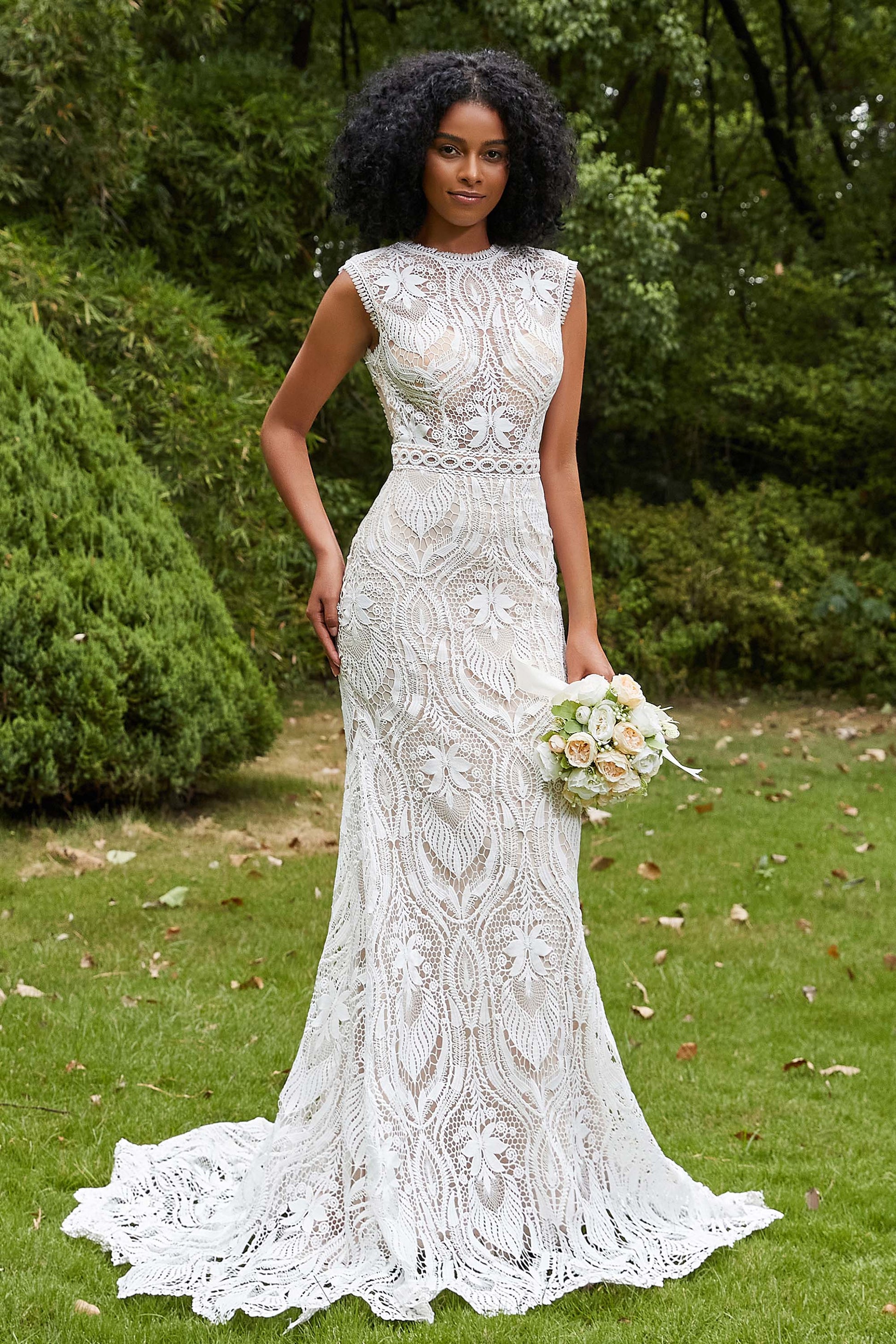 Open Back Floral Lace Wedding Dress Sweep Train – DUNTERY